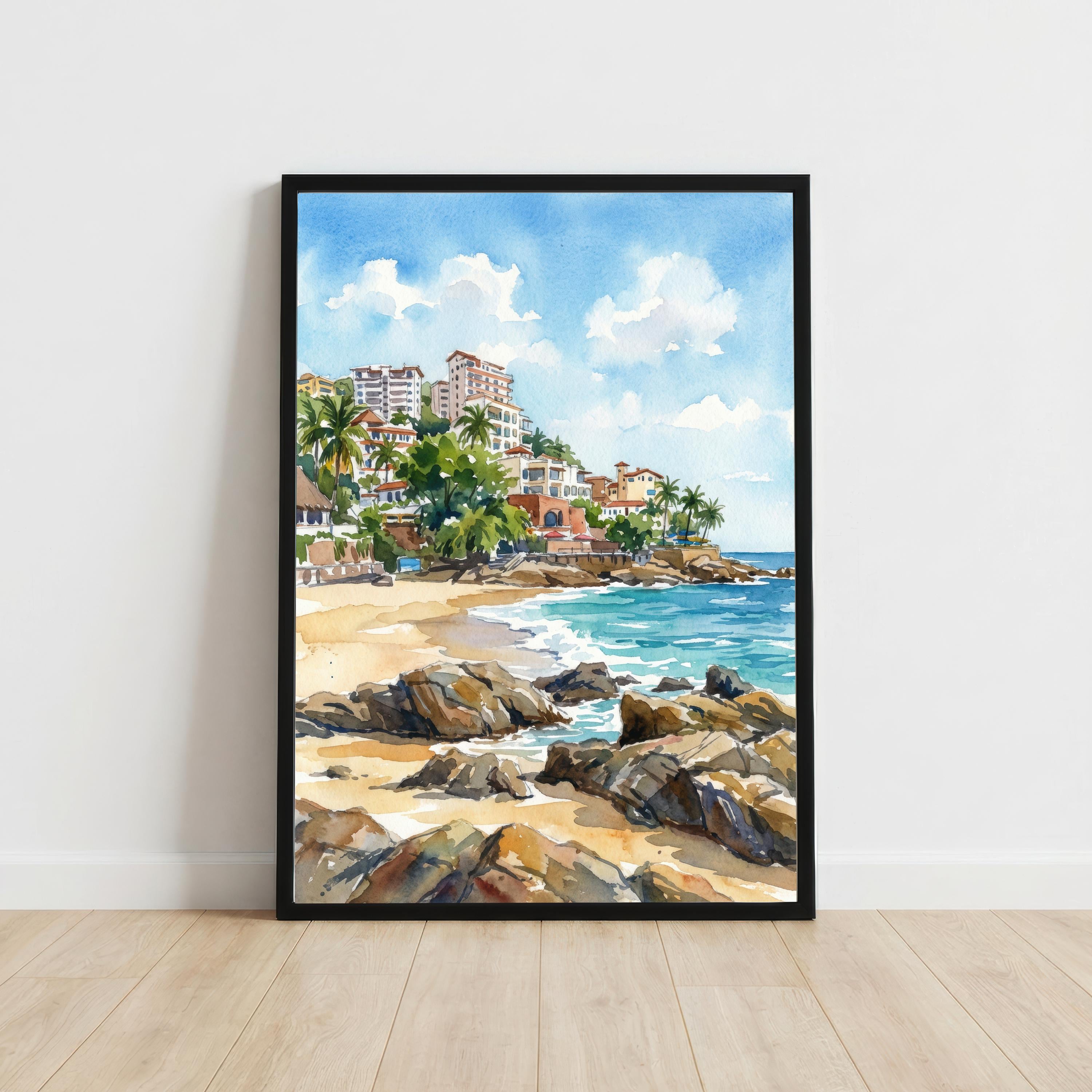Puerto Vallarta Watercolor Painting Poster Mexico Wall Art Coastal Landscape Print Gift for American Travel Lovers and Fans of Scenic
