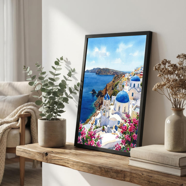 Santorini Watercolour Painting Poster Greece Wall Art Coastal Landscape Print Gift for Europe Travel Lovers and Fans of Scenic Mediterranean