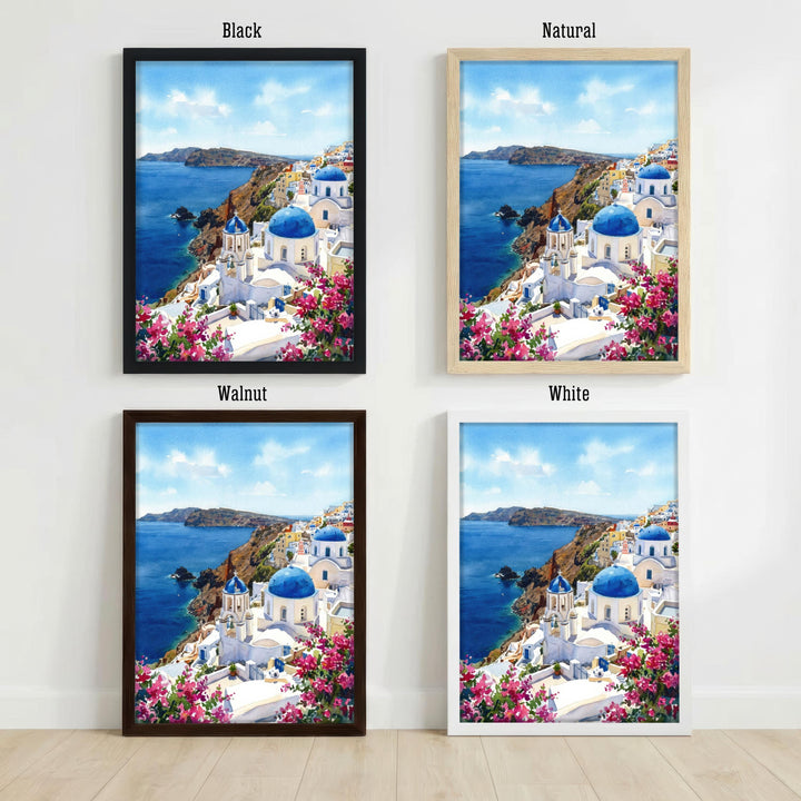 Santorini Watercolour Painting Poster Greece Wall Art Coastal Landscape Print Gift for Europe Travel Lovers and Fans of Scenic Mediterranean