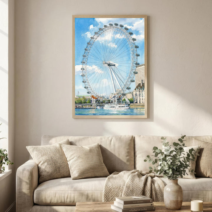 London Eye Watercolour Painting Poster England Wall Art City Landmark Landscape Gift for UK Travel Lovers and Fans of Scenic British