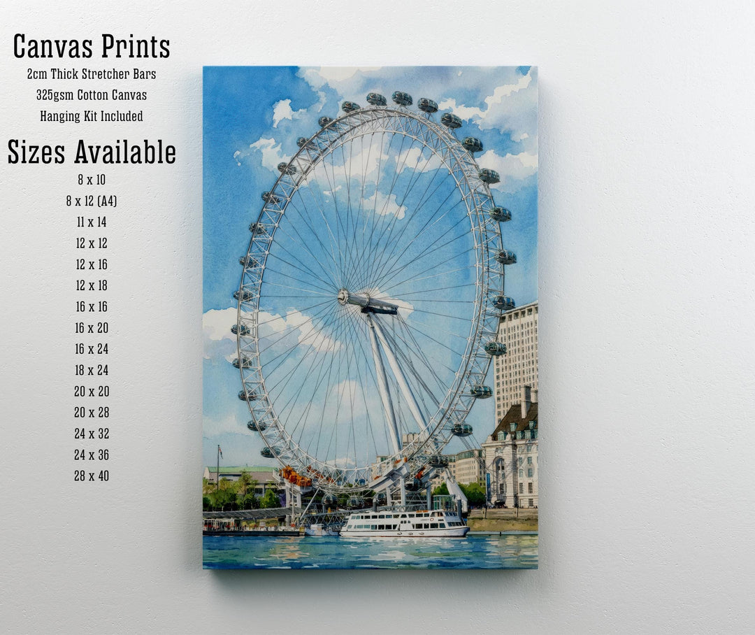London Eye Watercolour Painting Poster England Wall Art City Landmark Landscape Gift for UK Travel Lovers and Fans of Scenic British