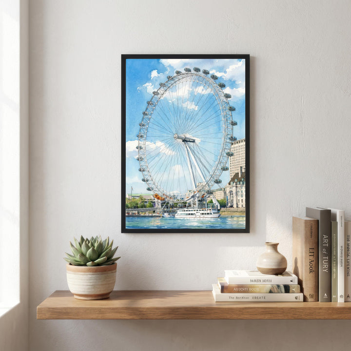 London Eye Watercolour Painting Poster England Wall Art City Landmark Landscape Gift for UK Travel Lovers and Fans of Scenic British