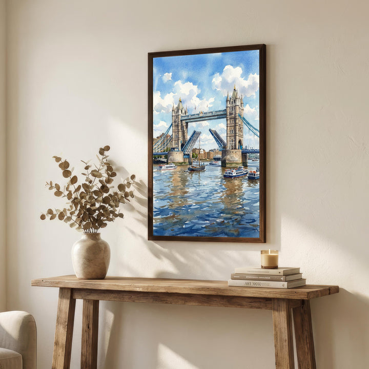 London Bridge Watercolour Painting Poster England Wall Art City Landmark Landscape Gift for UK Travel Lovers and Fans of Scenic British