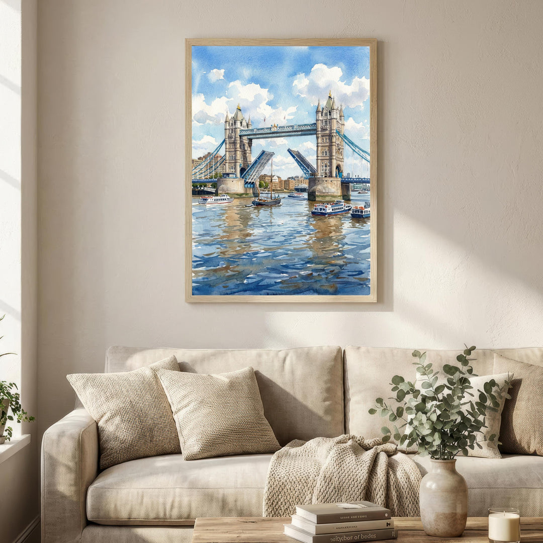 London Bridge Watercolour Painting Poster England Wall Art City Landmark Landscape Gift for UK Travel Lovers and Fans of Scenic British