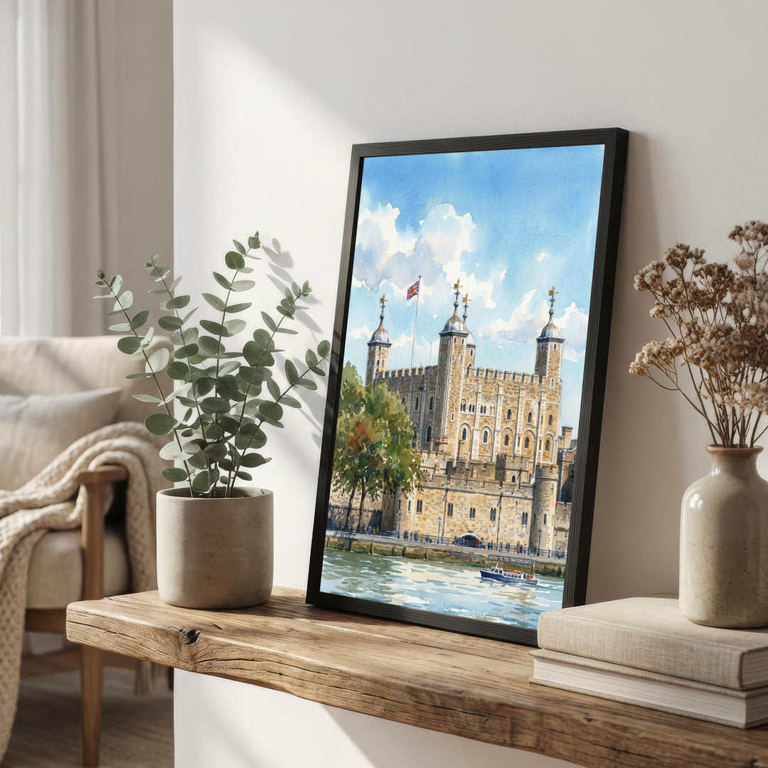 Tower of London Watercolor Painting Poster England Wall Art Historic Landmark Print Gift for UK Travel Lovers and Fans of Scenic British