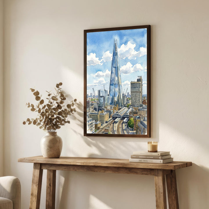 The Shard Watercolor Painting Poster London England Wall Art City Skyline Print Gift for UK Travel Lovers and Fans of Scenic Modern British