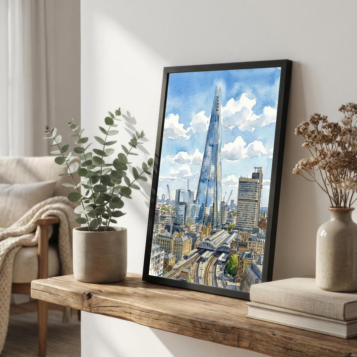 The Shard Watercolor Painting Poster London England Wall Art City Skyline Print Gift for UK Travel Lovers and Fans of Scenic Modern British