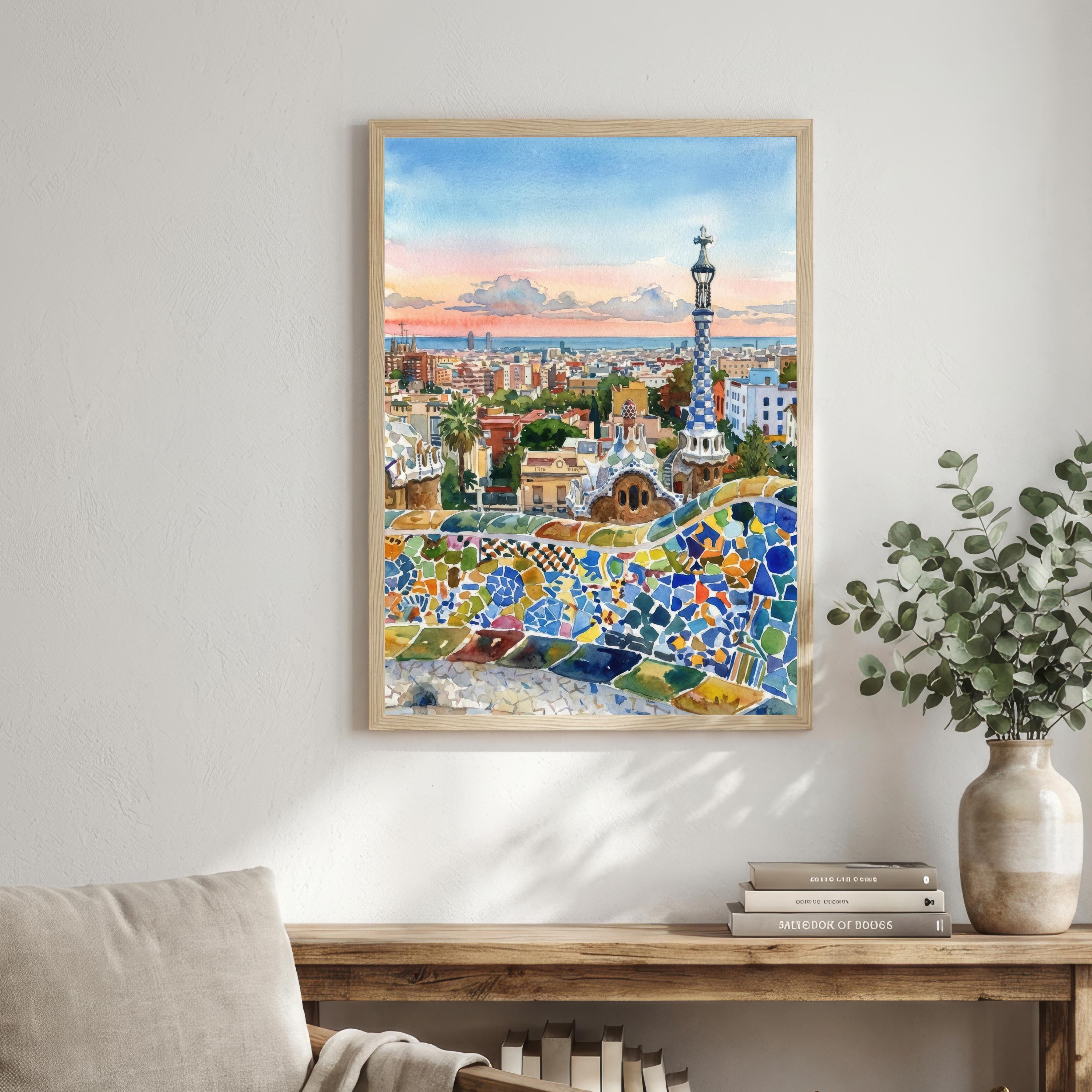 Barcelona Watercolor Painting Poster Spain Wall Art City Landscape Print Gift for Europe Travel Lovers and Fans of Scenic Mediterranean