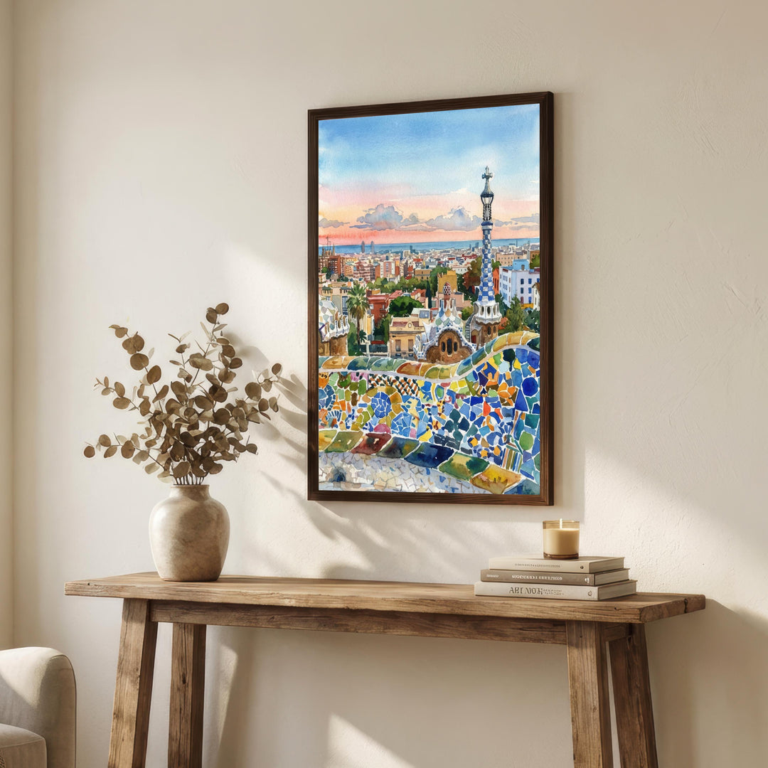 Barcelona Watercolor Painting Poster Spain Wall Art City Landscape Print Gift for Europe Travel Lovers and Fans of Scenic Mediterranean