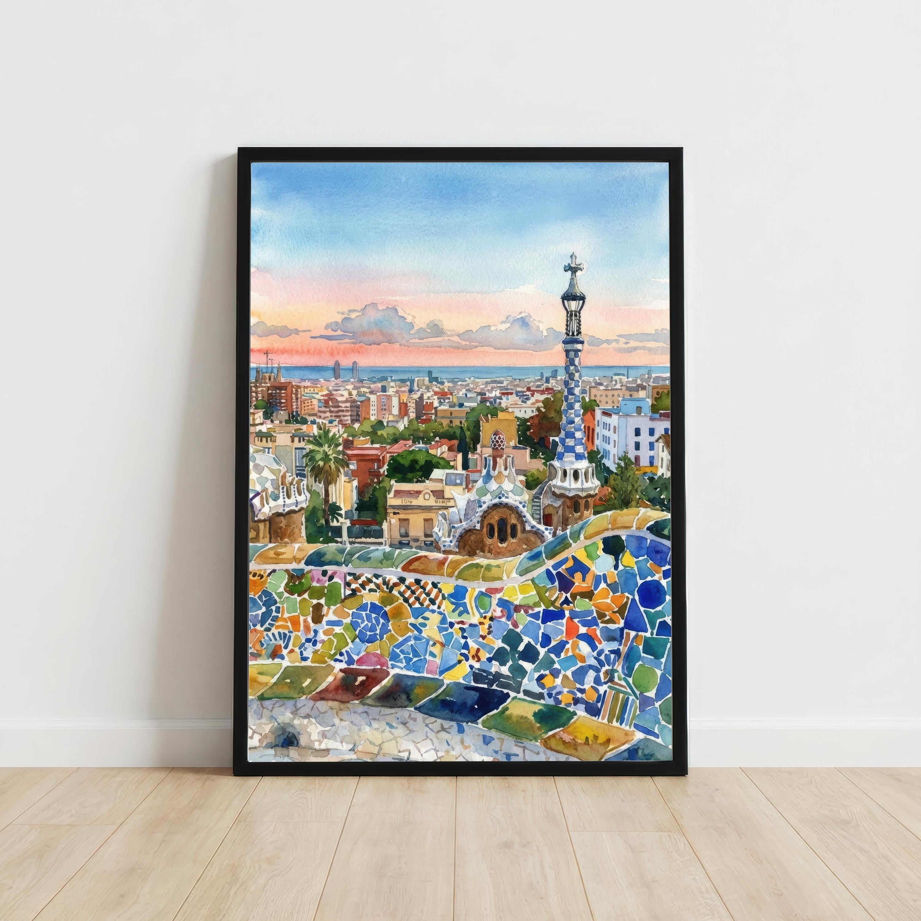 Barcelona Watercolor Painting Poster Spain Wall Art City Landscape Print Gift for Europe Travel Lovers and Fans of Scenic Mediterranean