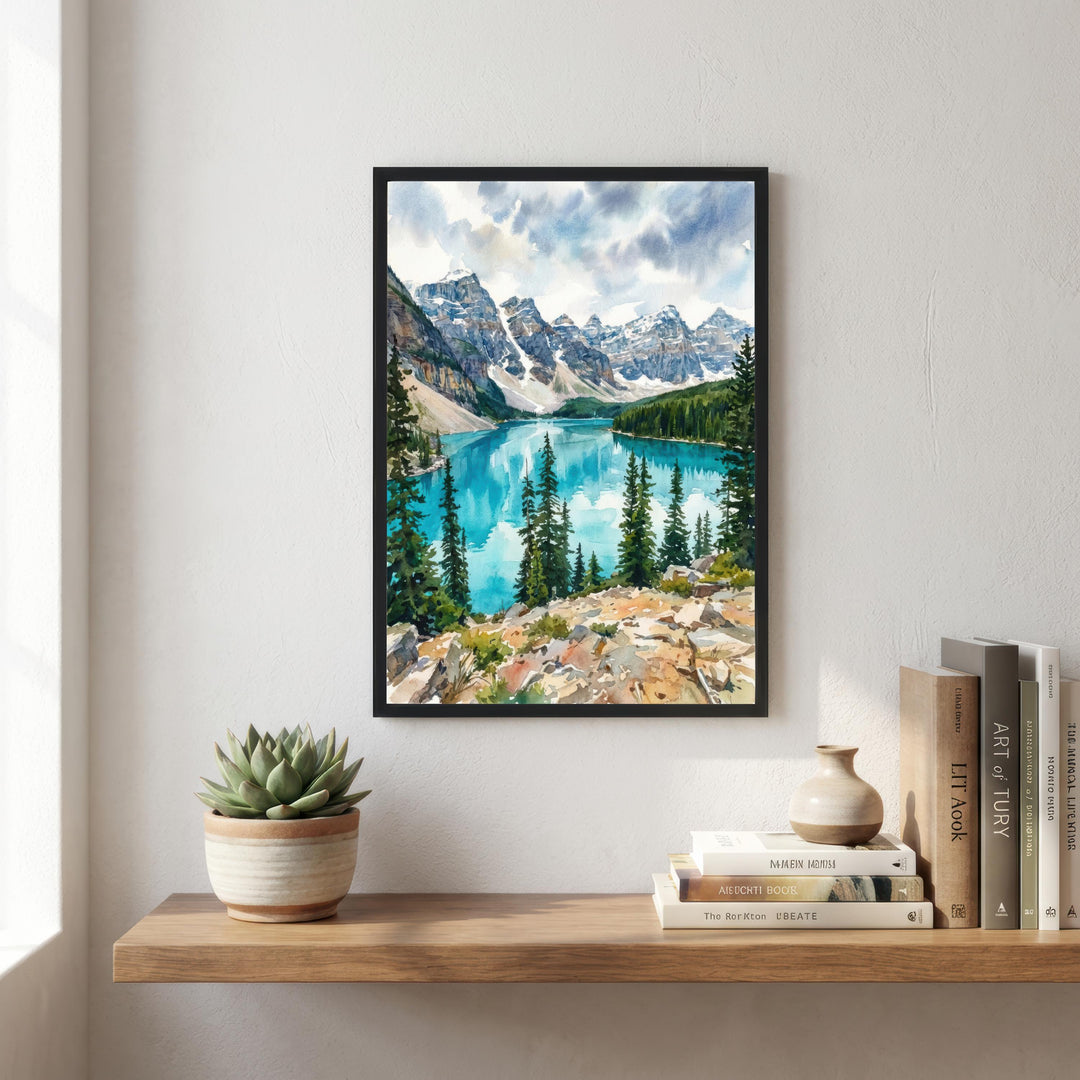 Banff National Park Watercolor Painting Poster Canada Wall Art Mountain Landscape Print Gift for Nature Lovers and Fans of Scenic Canadian
