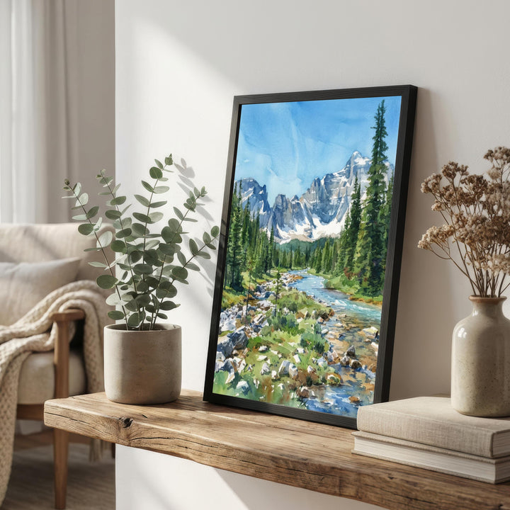 Banff National Park Watercolor Painting Poster Canada Wall Art Mountain Landscape Print Gift for Nature Lovers and Fans of Scenic Canadian