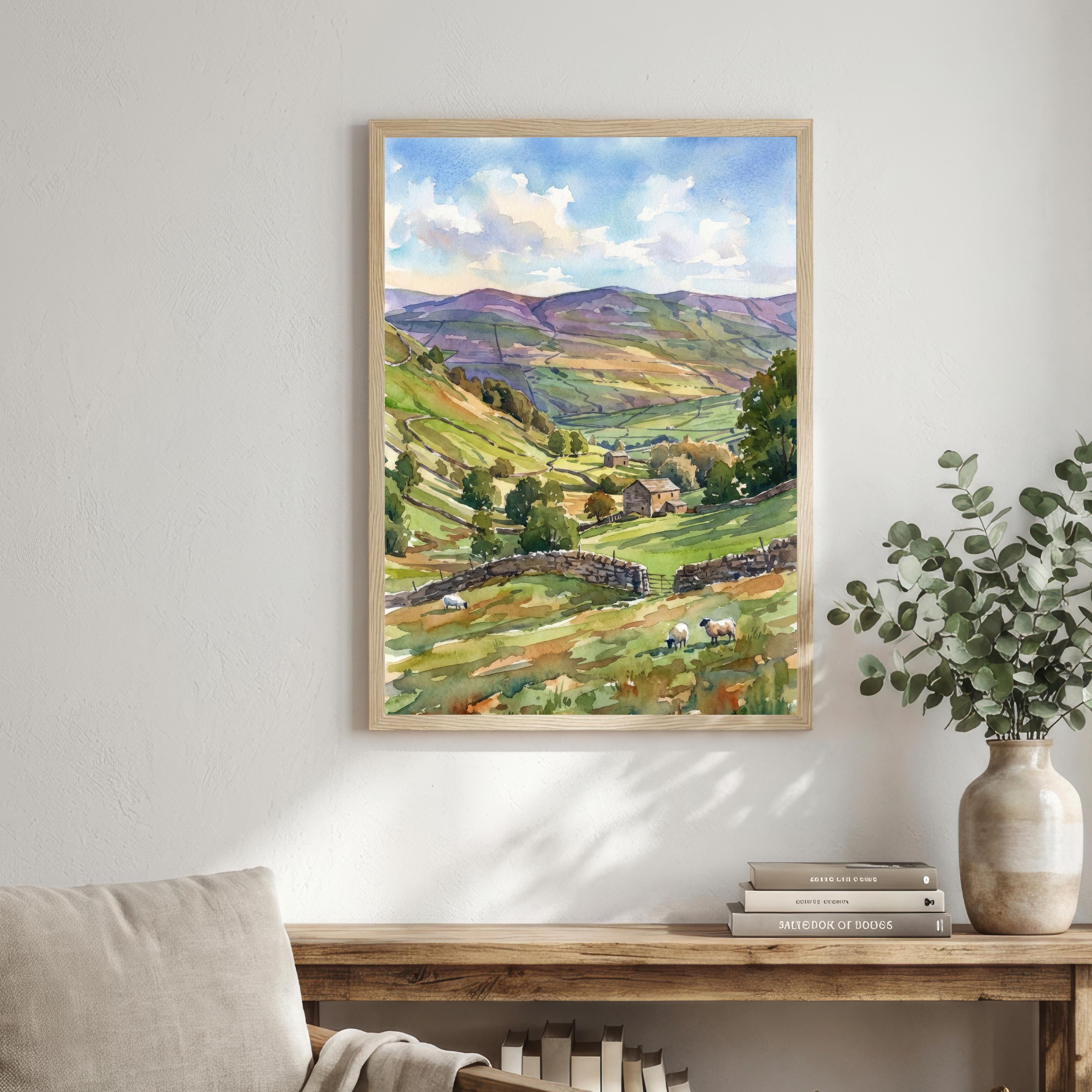Yorkshire Dales Watercolor Painting Poster England Wall Art Countryside Landscape Print Gift for UK Travel Lovers and Fans of Scenic