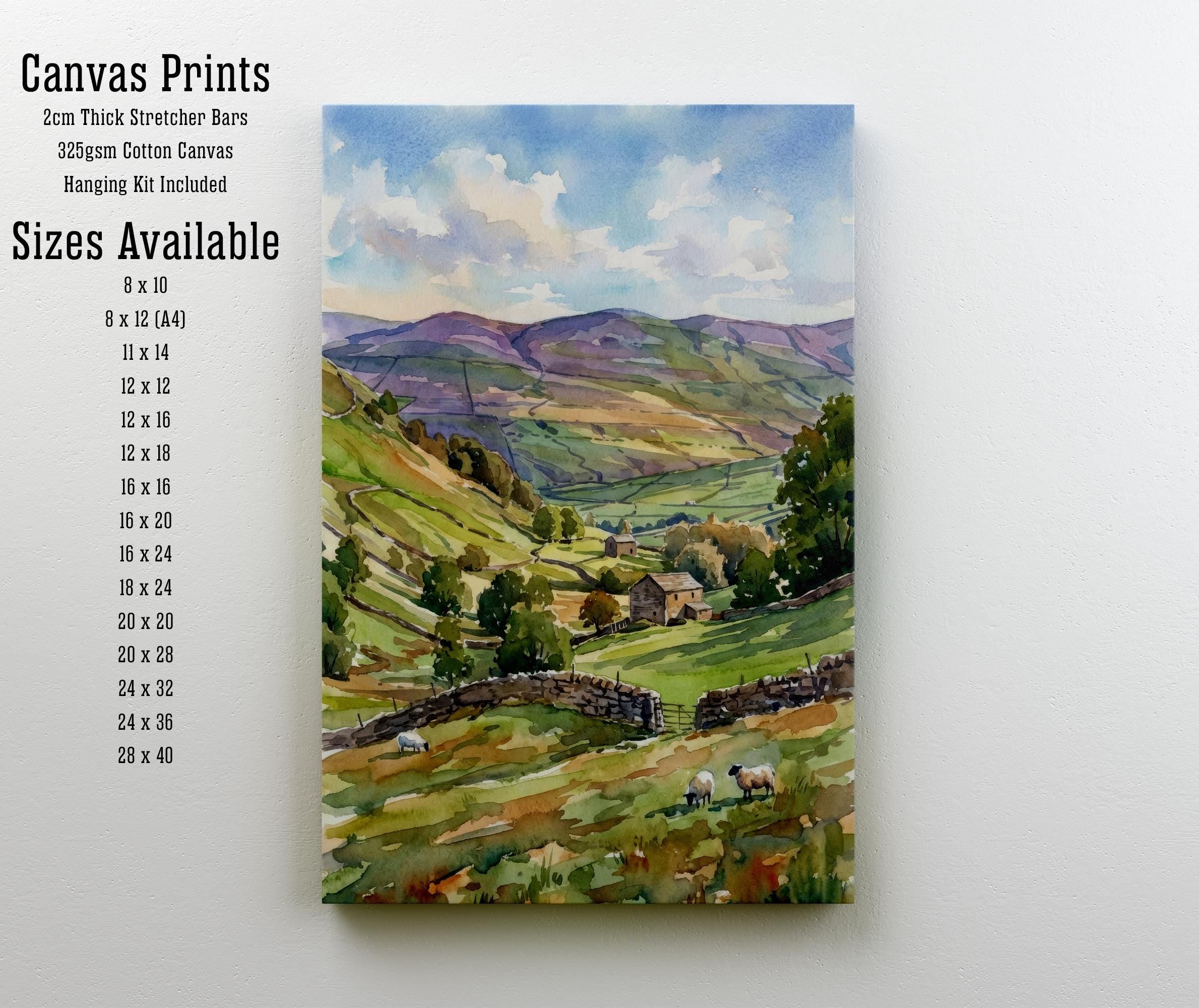 Yorkshire Dales Watercolor Painting Poster England Wall Art Countryside Landscape Print Gift for UK Travel Lovers and Fans of Scenic