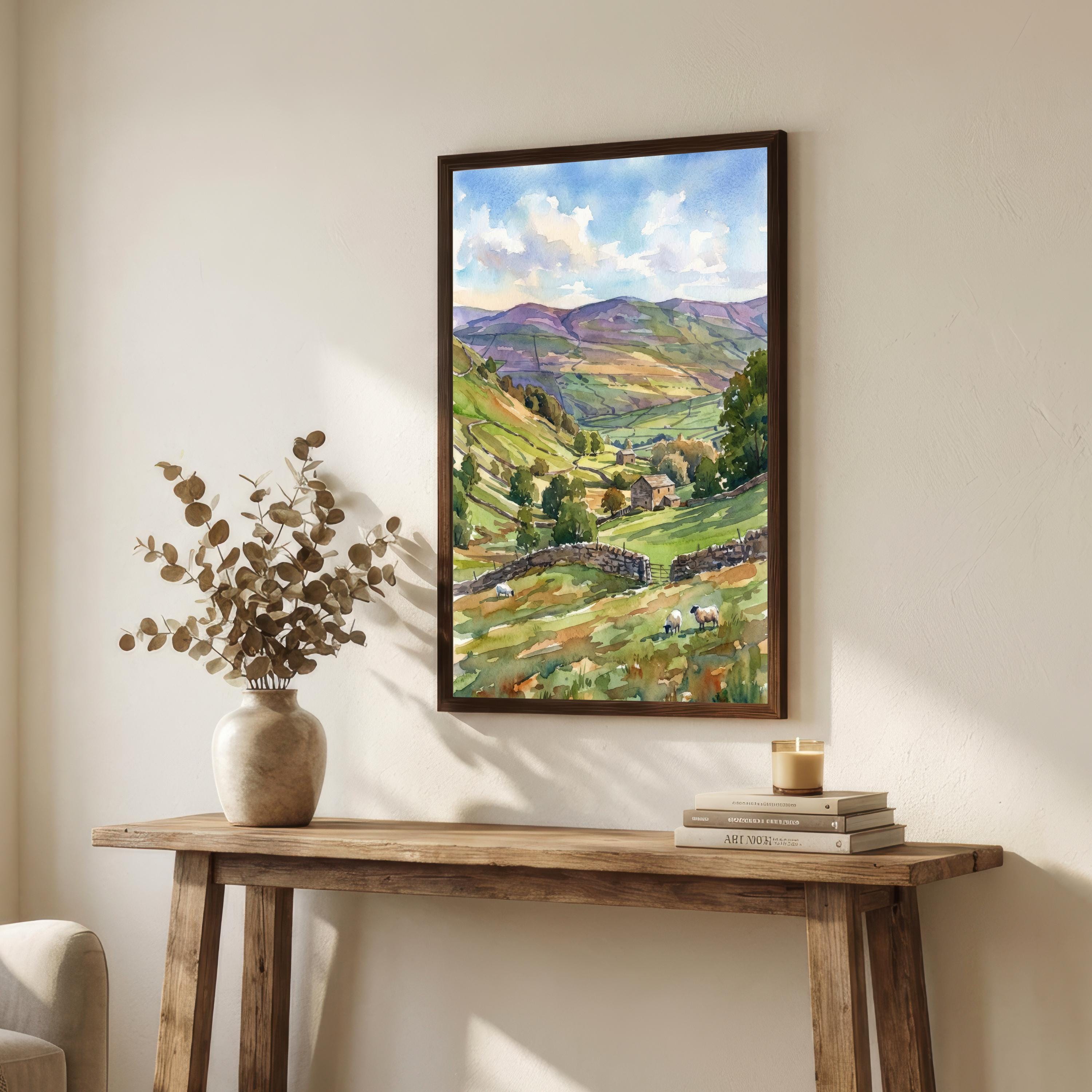 Yorkshire Dales Watercolor Painting Poster England Wall Art Countryside Landscape Print Gift for UK Travel Lovers and Fans of Scenic