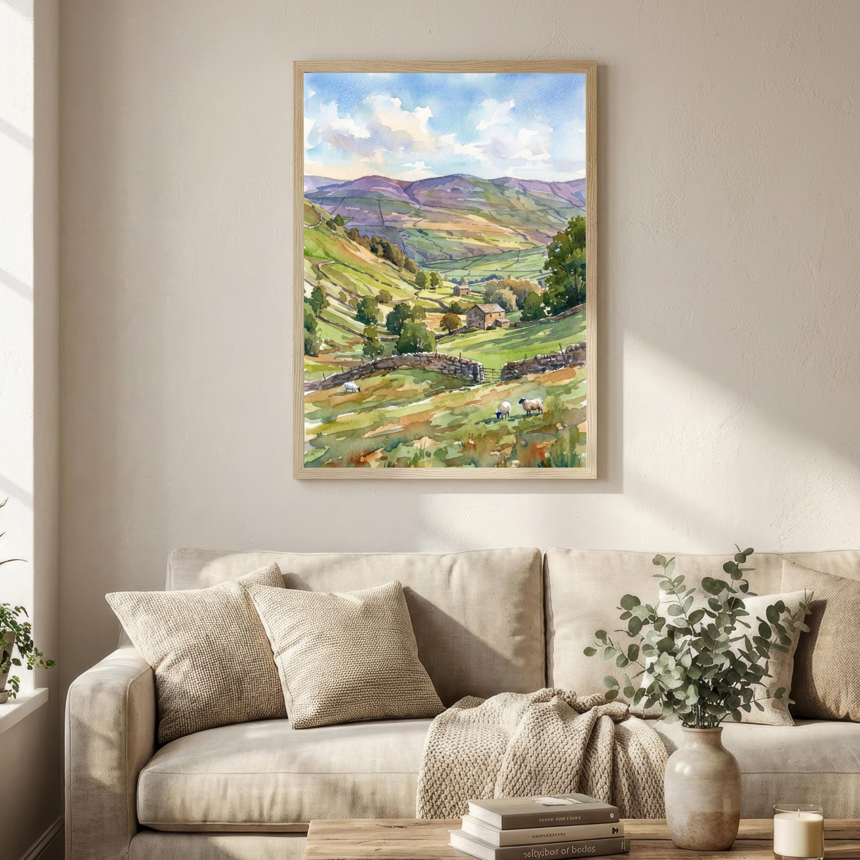 Yorkshire Dales Watercolor Painting Poster England Wall Art Countryside Landscape Print Gift for UK Travel Lovers and Fans of Scenic
