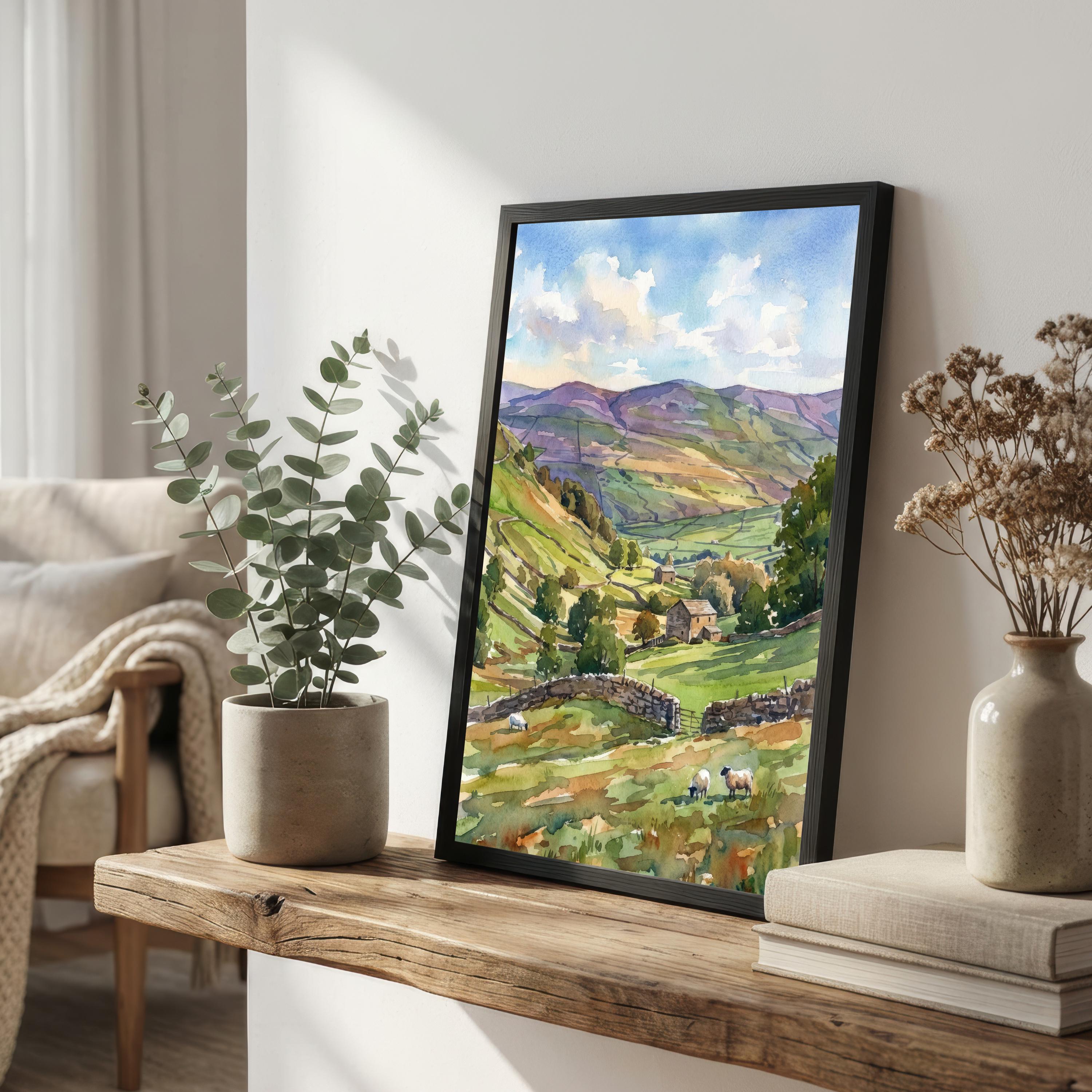Yorkshire Dales Watercolor Painting Poster England Wall Art Countryside Landscape Print Gift for UK Travel Lovers and Fans of Scenic