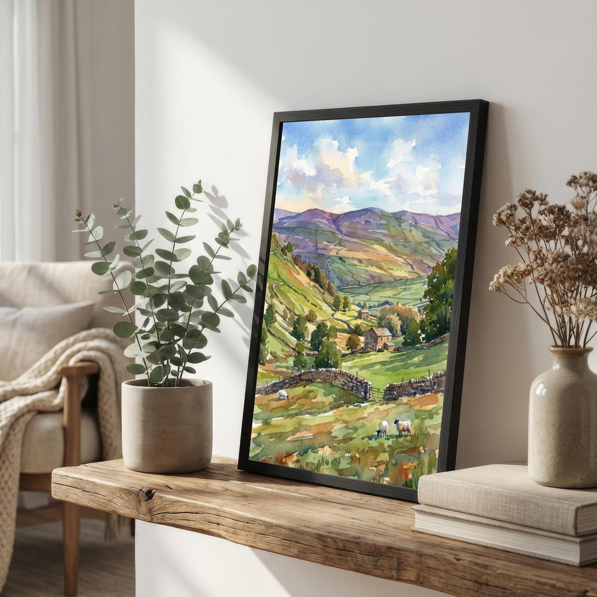 Yorkshire Dales Watercolor Painting Poster England Wall Art Countryside Landscape Print Gift for UK Travel Lovers and Fans of Scenic