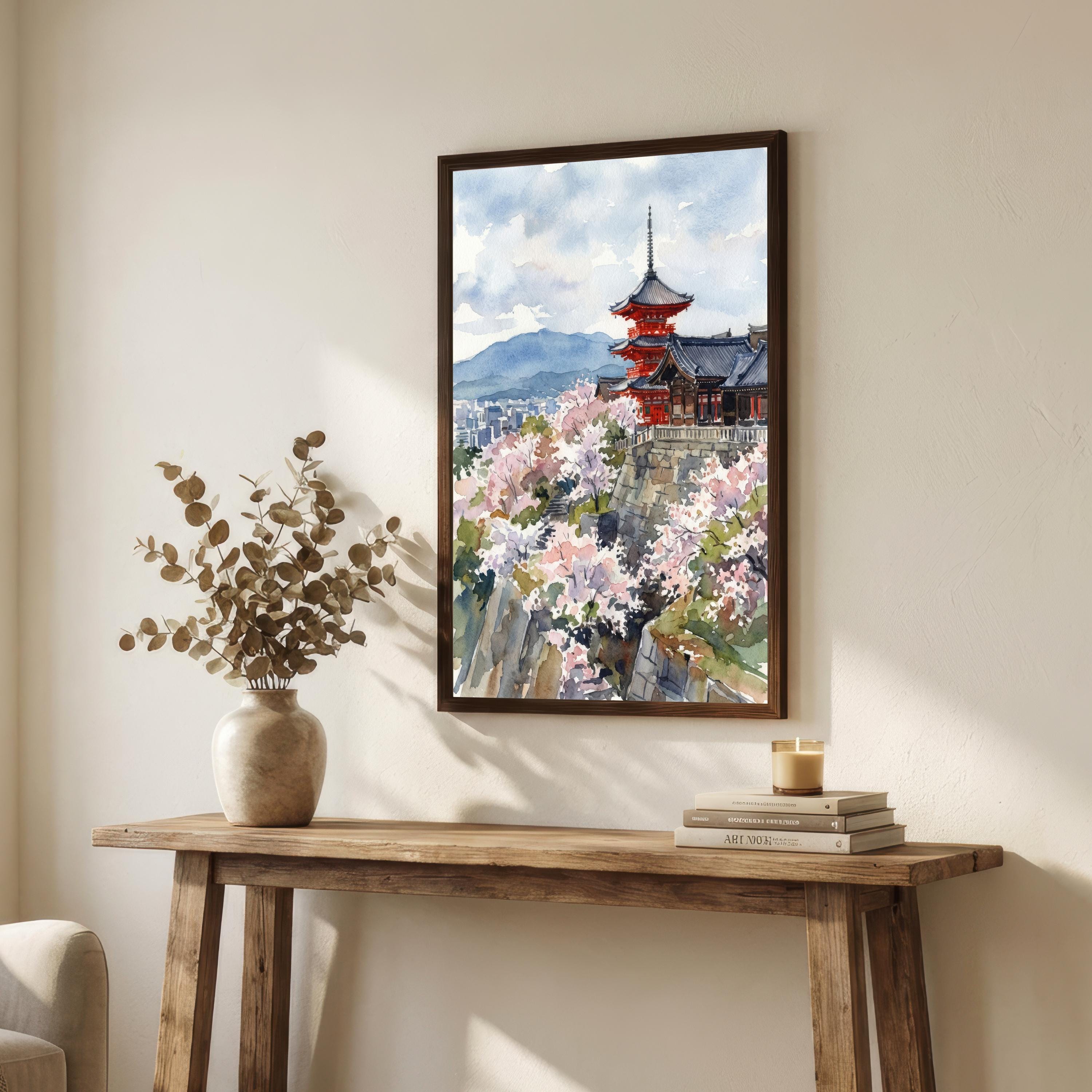 Kyoto Japan Watercolor Painting Poster Wall Art Historic City Landscape Print Gift for Asia Travel Lovers and Fans of Scenic Japanese