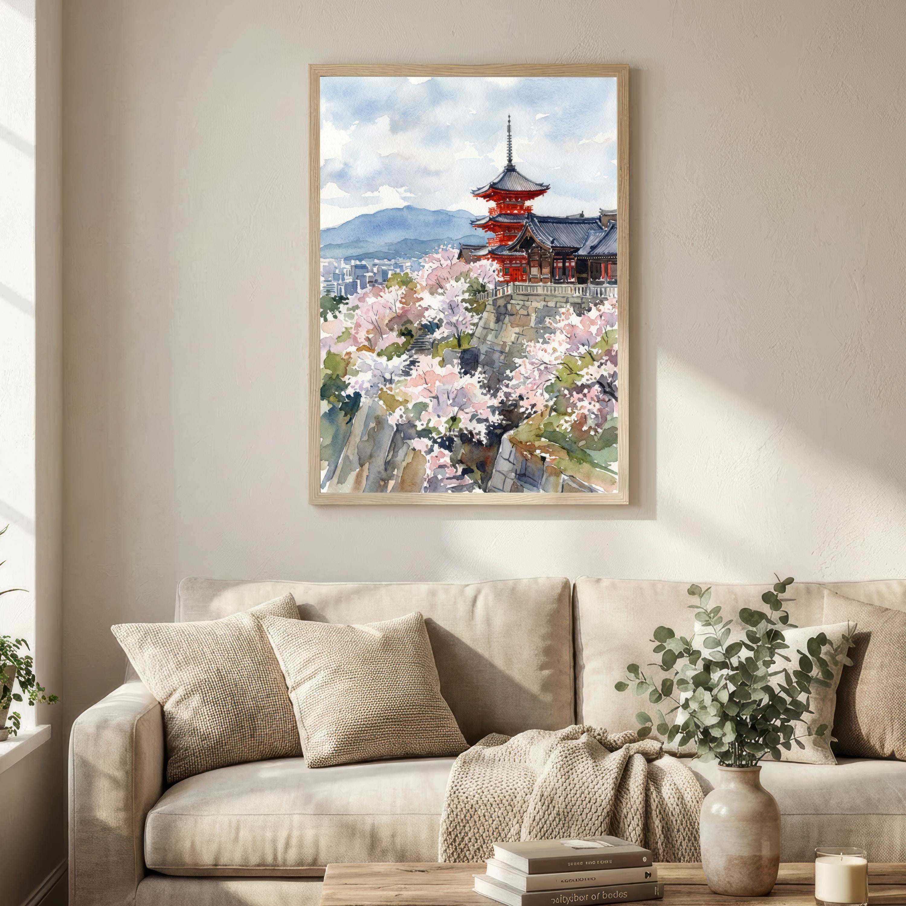 Kyoto Japan Watercolor Painting Poster Wall Art Historic City Landscape Print Gift for Asia Travel Lovers and Fans of Scenic Japanese