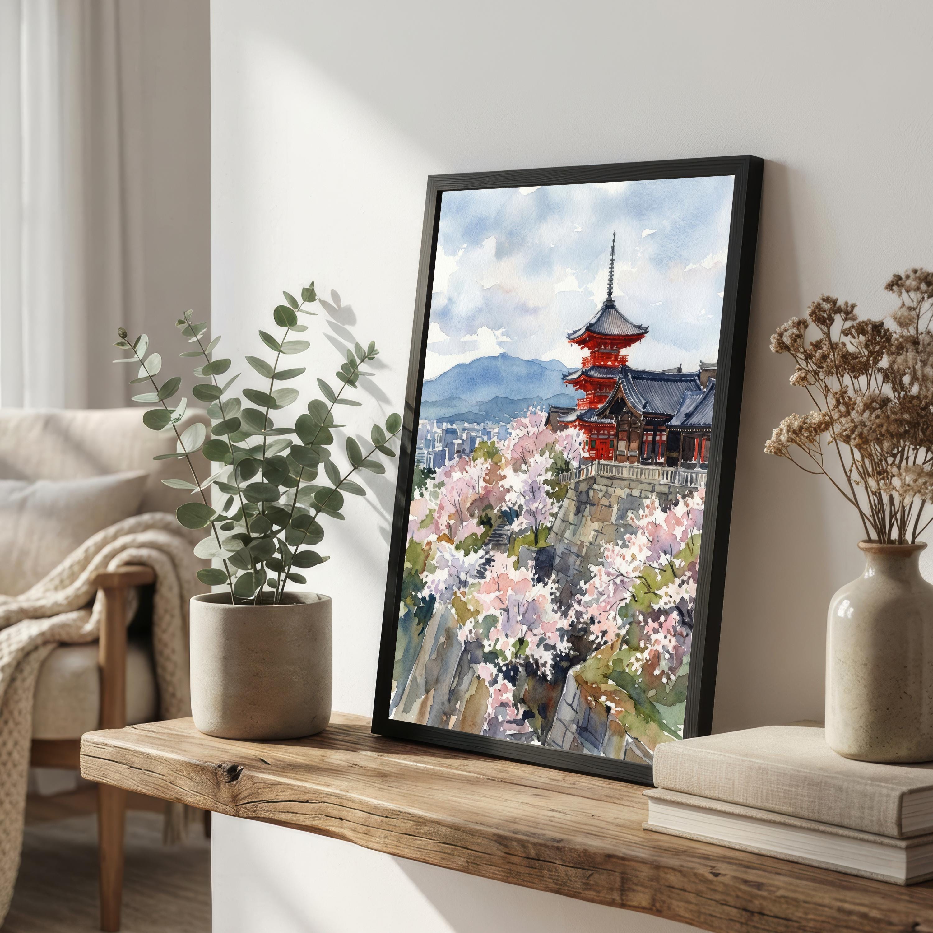Kyoto Japan Watercolor Painting Poster Wall Art Historic City Landscape Print Gift for Asia Travel Lovers and Fans of Scenic Japanese