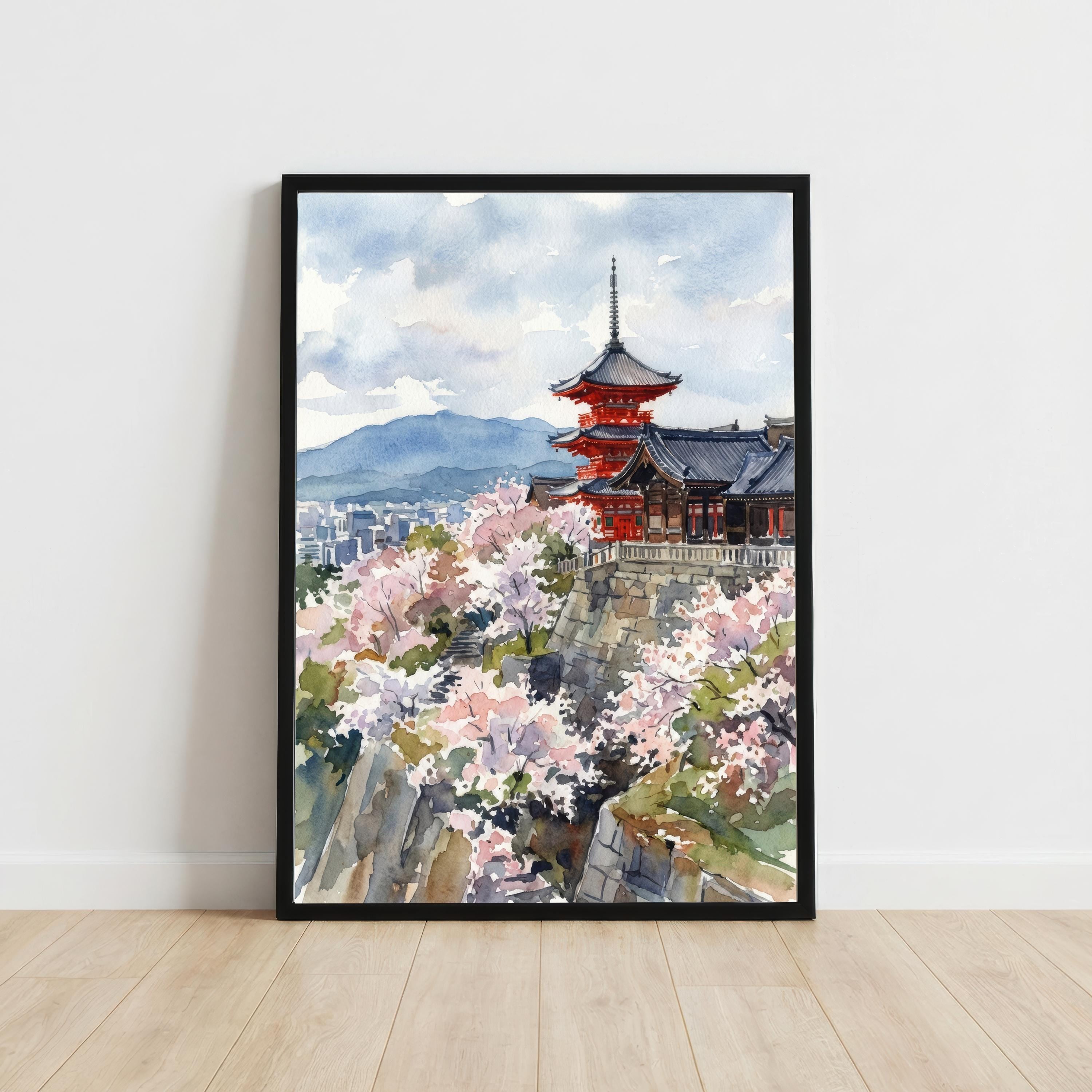 Kyoto Japan Watercolor Painting Poster Wall Art Historic City Landscape Print Gift for Asia Travel Lovers and Fans of Scenic Japanese