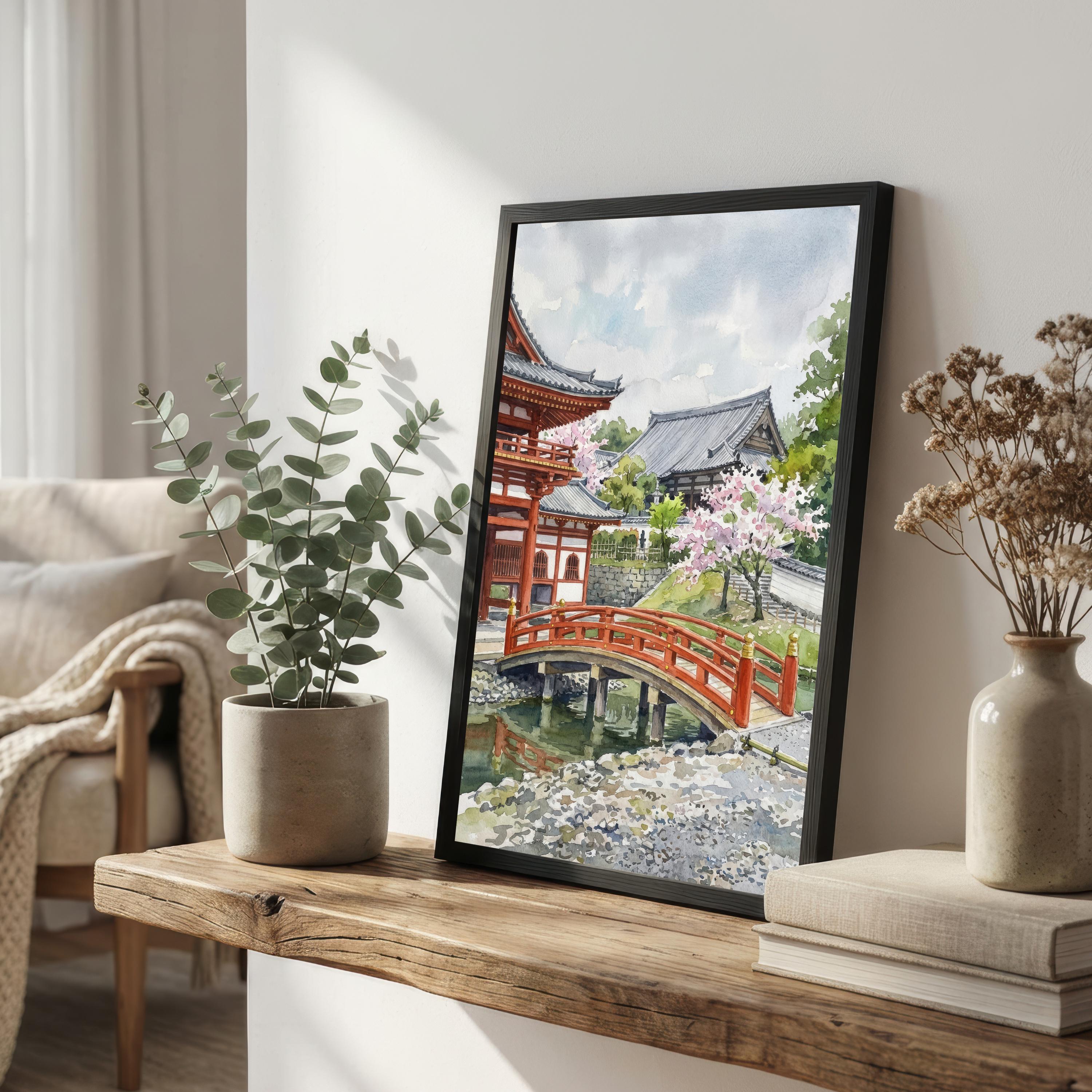 Kyoto Japan Watercolor Painting Poster Wall Art Historic City Landscape Print Gift for Asia Travel Lovers and Fans of Scenic Japanese