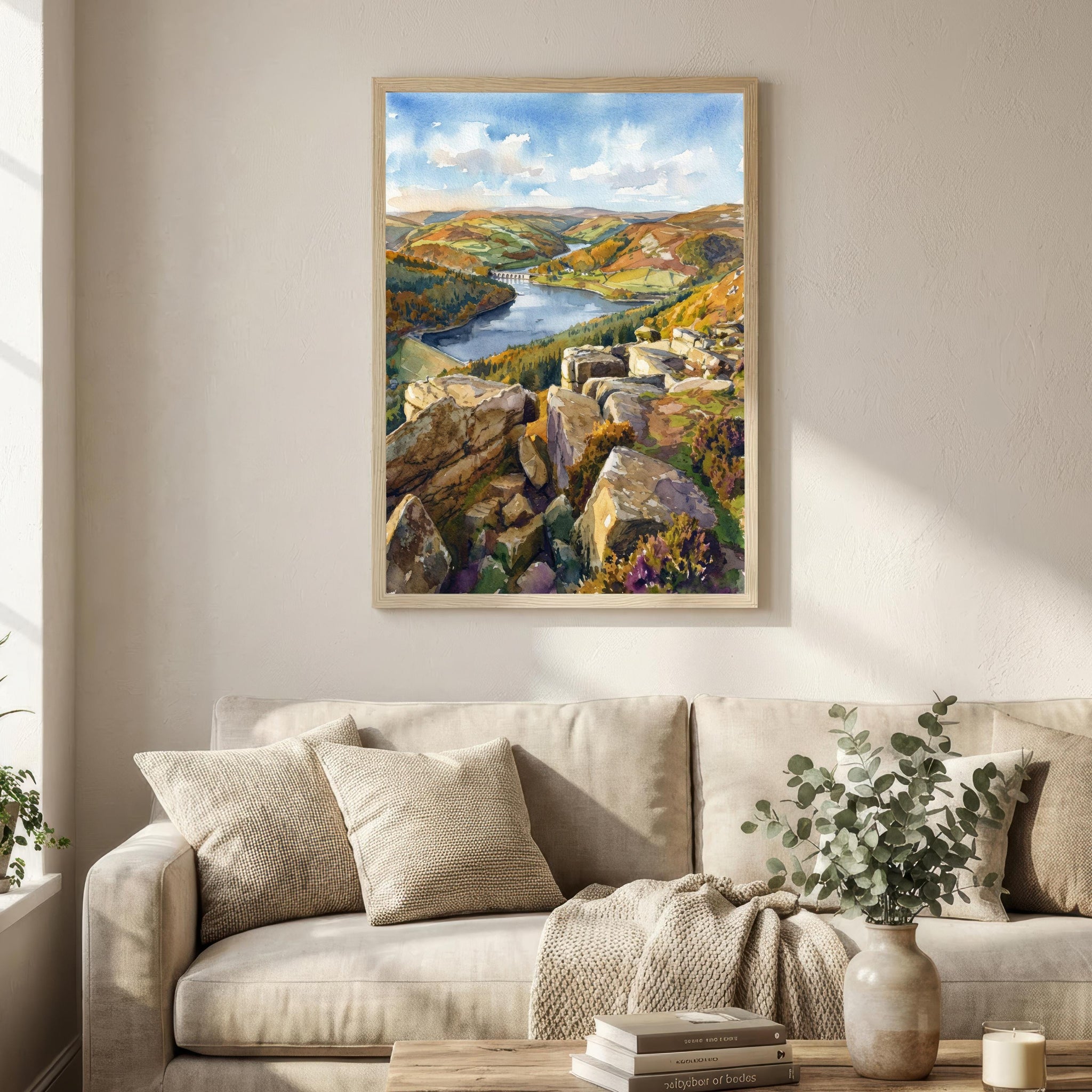 Peak District Watercolor Painting Poster England Wall Art Countryside Landscape Print Gift for UK Travel Lovers and Fans of Scenic