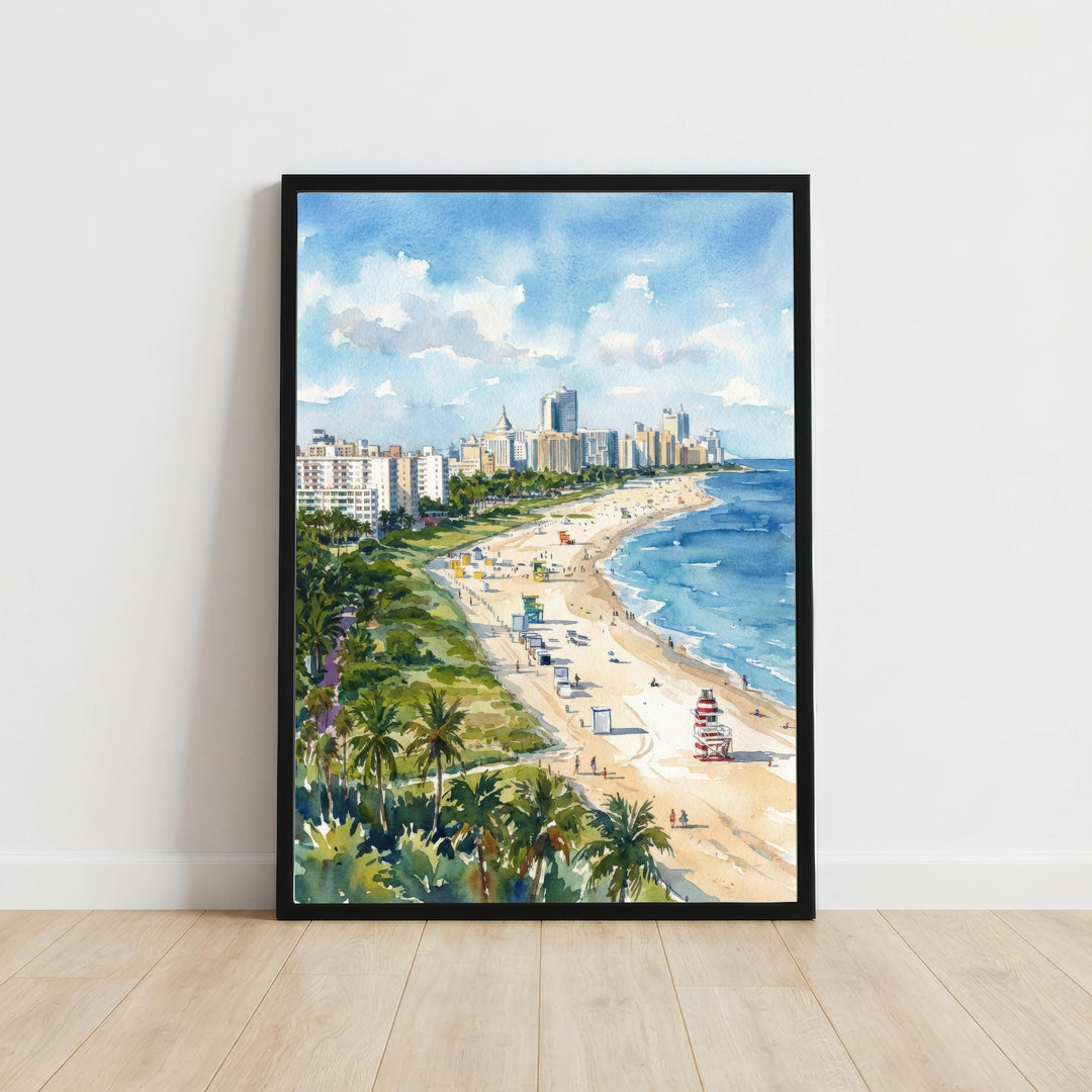 Miami Beach Watercolor Painting Poster Florida USA Wall Art Coastal Landscape Print Gift for American Travel Lovers and Fans of Scenic