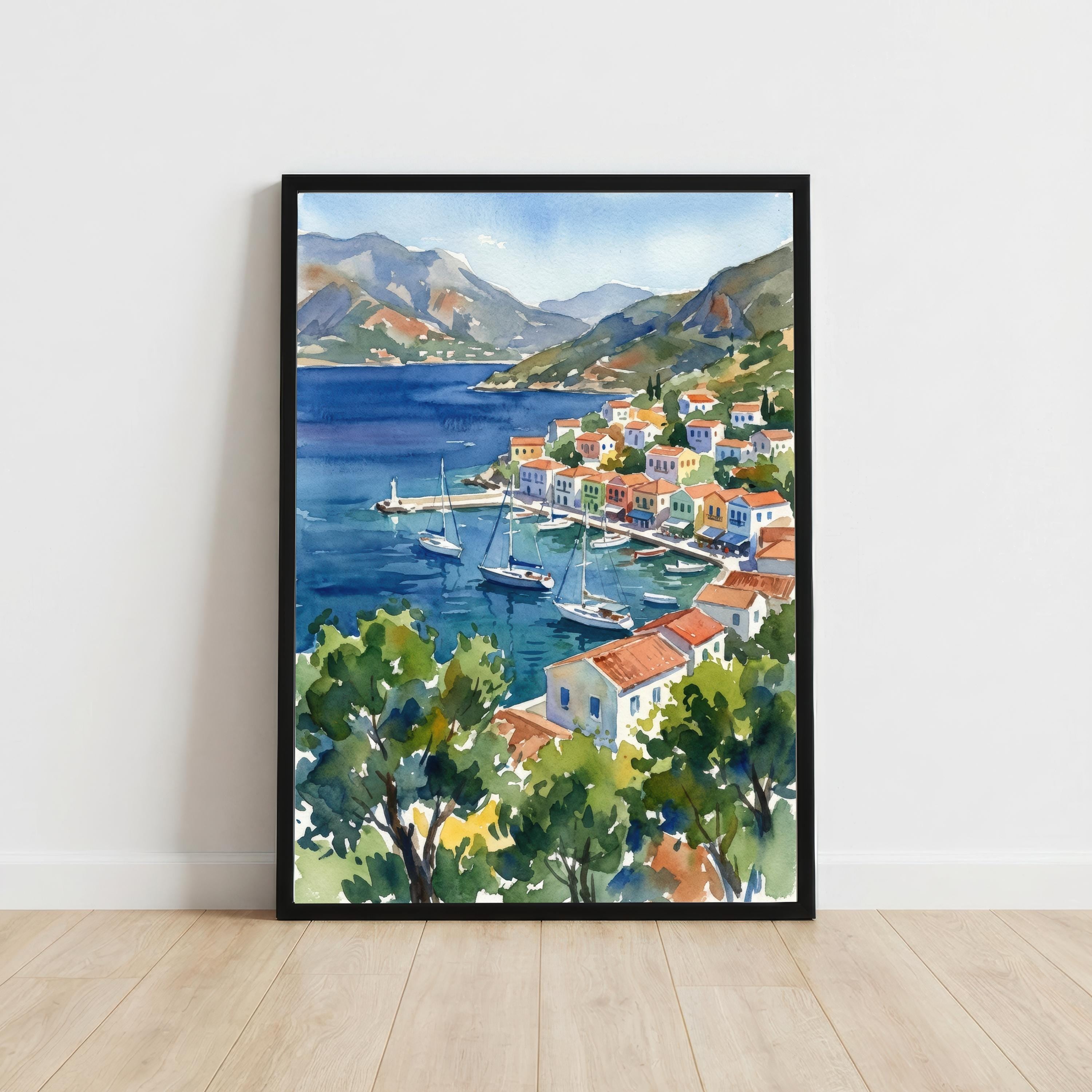 Simi Greece Watercolor Print, Coastal Island Art