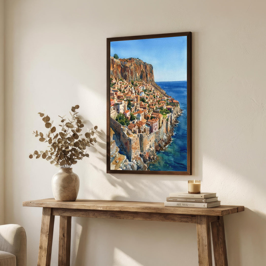 Monemvasia Watercolour Painting Poster Greece Wall Art Coastal Landscape Print Gift for Europe Travel Lovers and Fans of Scenic Historic