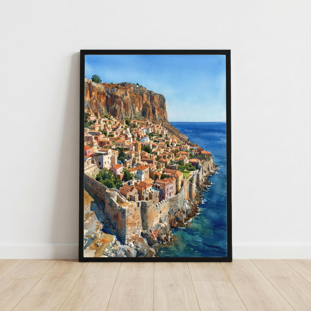Monemvasia Watercolour Painting Poster Greece Wall Art Coastal Landscape Print Gift for Europe Travel Lovers and Fans of Scenic Historic