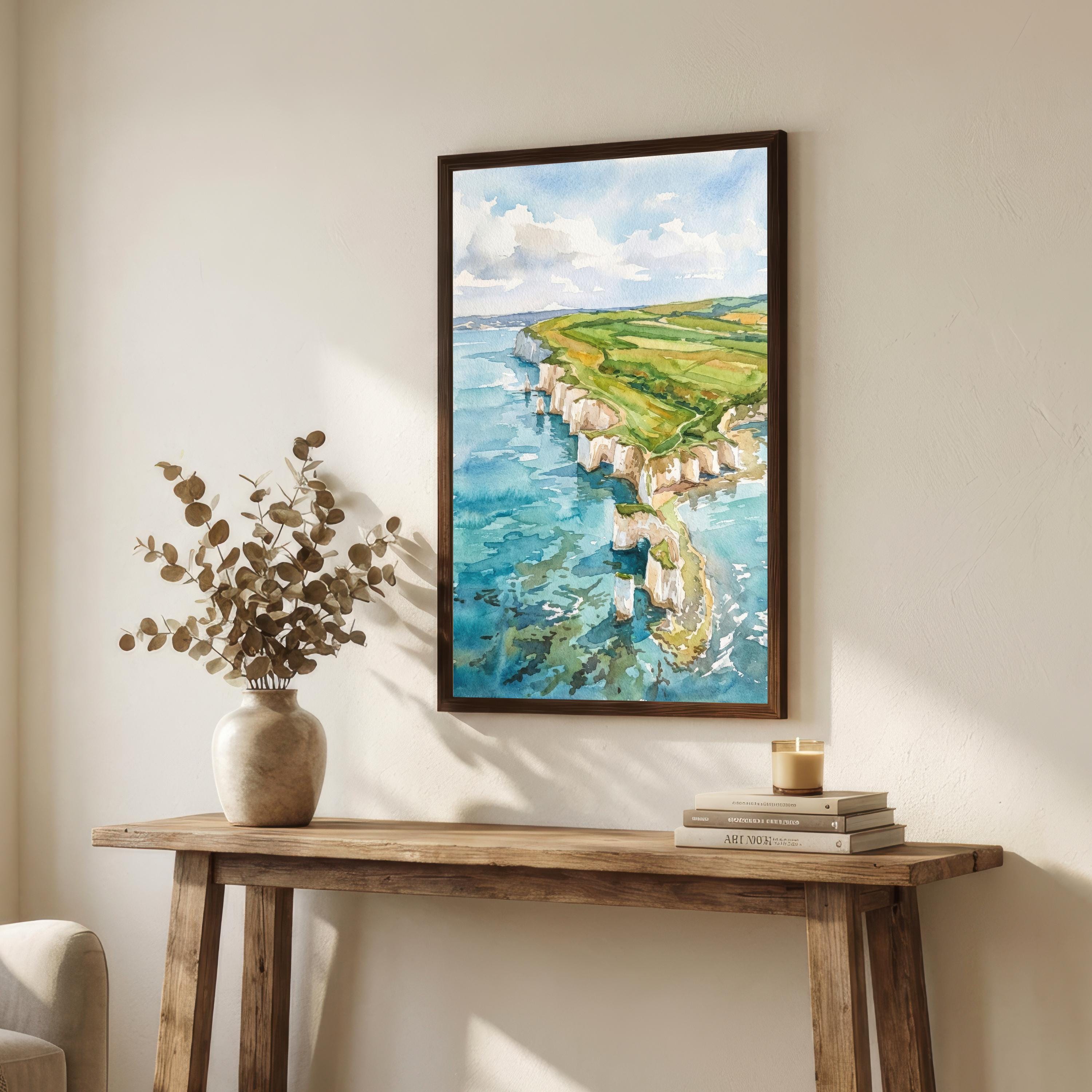 Swanage Coast Watercolour Painting, Dorset Seaside Art Print