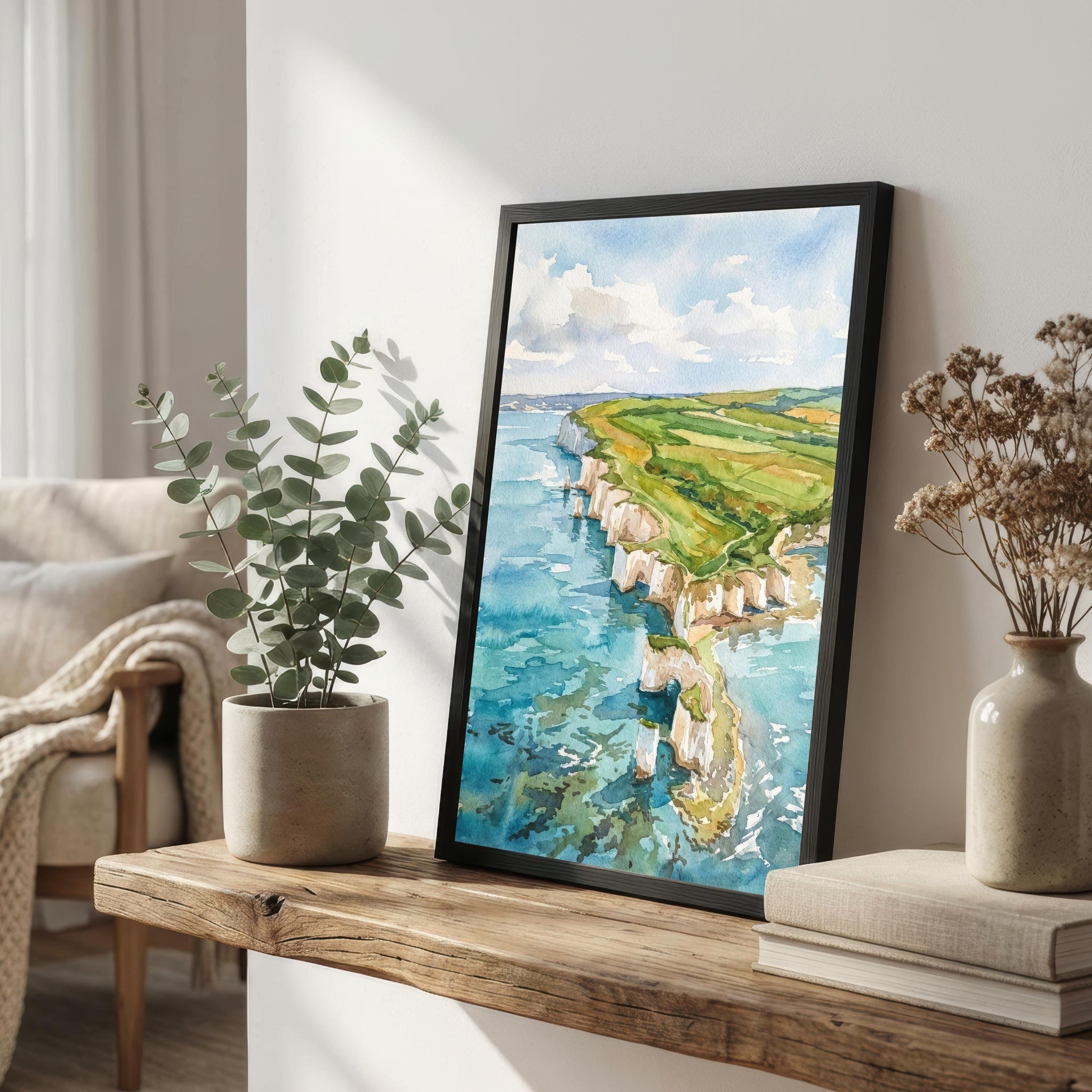 Swanage Coast Watercolour Painting, Dorset Seaside Art Print