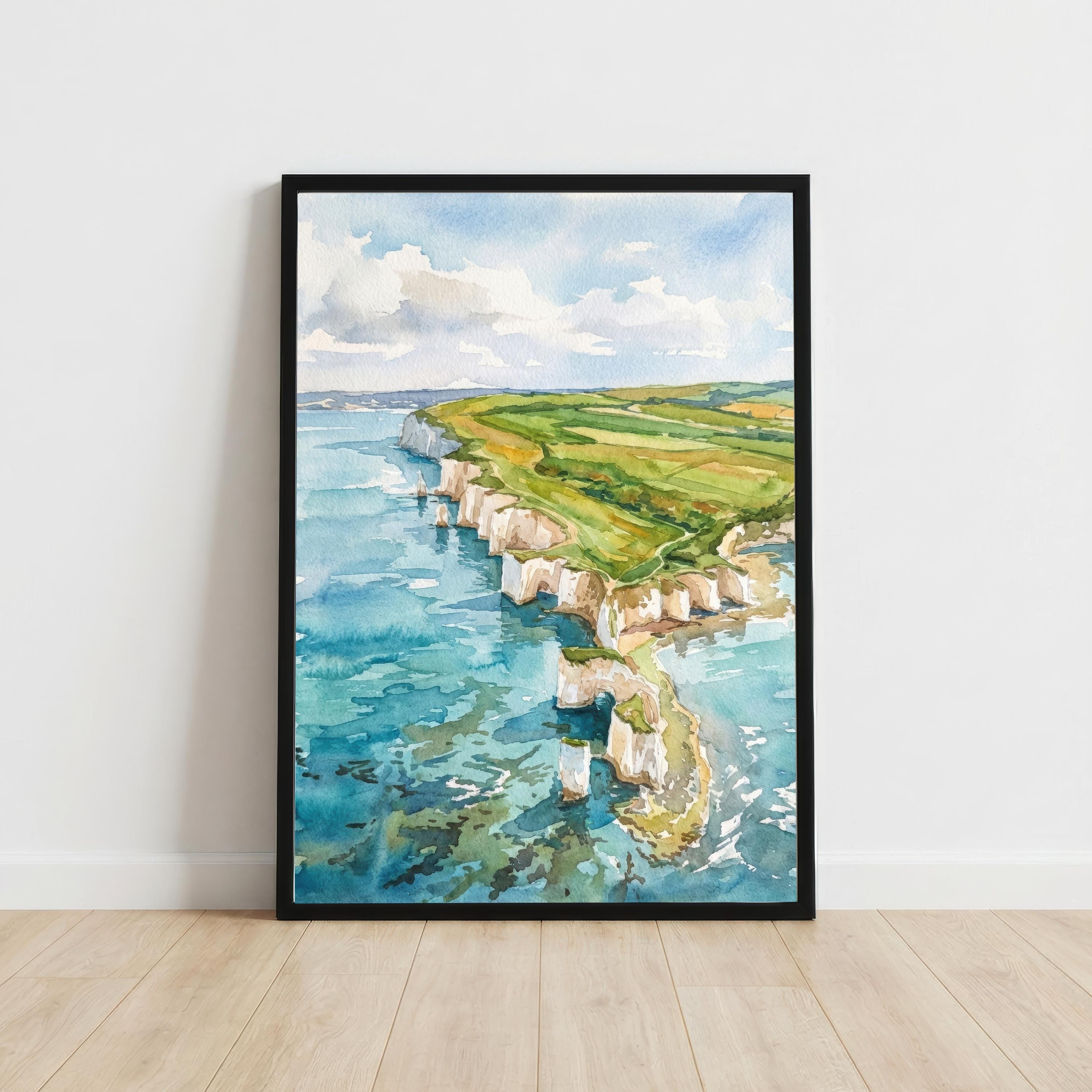 Swanage Coast Watercolour Painting, Dorset Seaside Art Print