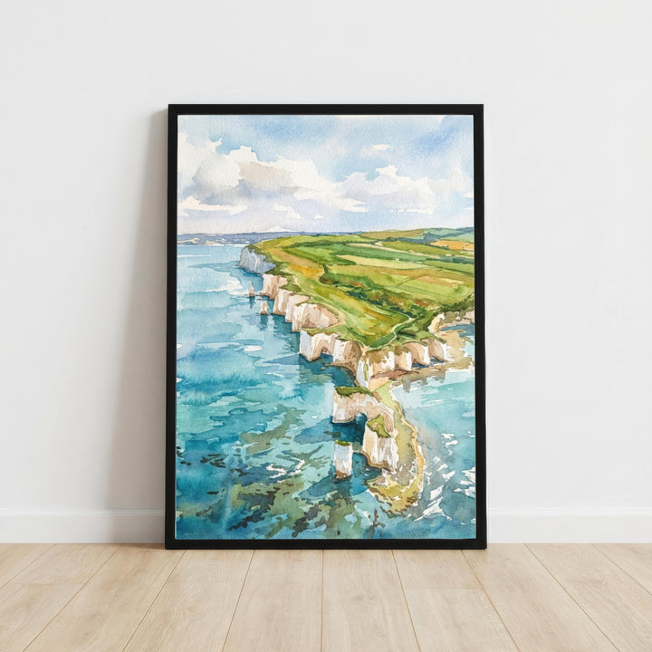 Swanage Watercolour Painting Poster England Wall Art Coastal Landscape Print Gift for UK Travel Lovers and Fans of Scenic Dorset Seaside