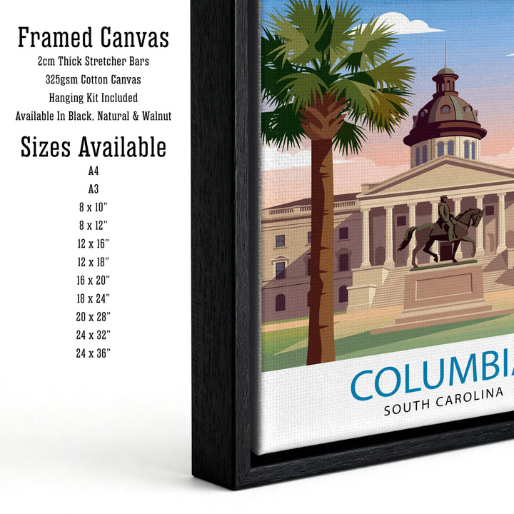Columbia South Carolina Travel Poster Print Wall Art Cityscape Decor Gift for USA Road Trip Fans and Lovers of Scenic Southern Historic
