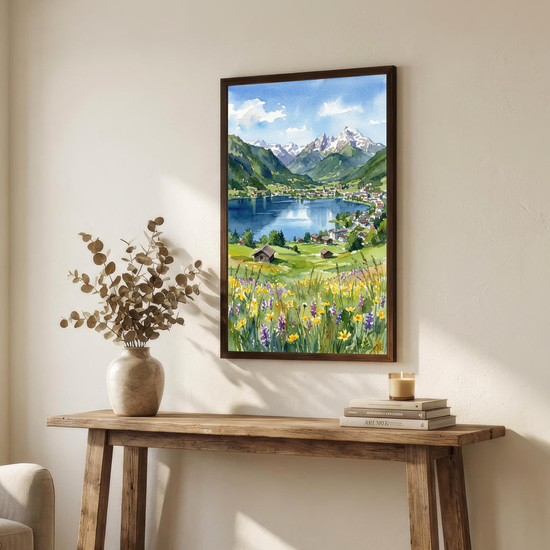 Zell am See Watercolor Painting Poster Austria Wall Art Mountain Lake Landscape Print Gift for Europe Travel Lovers and Scenic Alpine