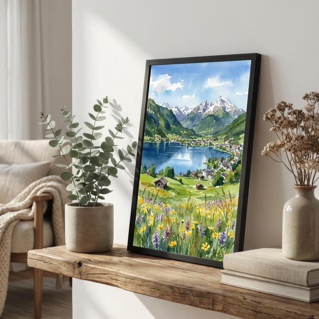 Zell am See Watercolor Painting Poster Austria Wall Art Mountain Lake Landscape Print Gift for Europe Travel Lovers and Scenic Alpine