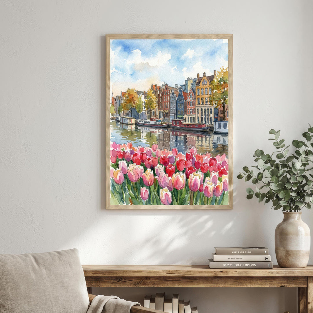 Amsterdam Watercolour Painting Poster Netherlands Wall Art City Canal Houses Print Gift for Europe Travel Lovers and Fans of Scenic