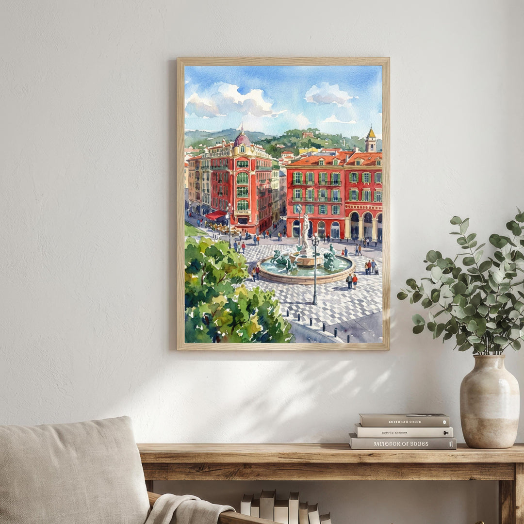 Nice France Watercolour Painting Poster Wall Art Coastal City Landscape Print Gift for Europe Travel Lovers and Fans of Scenic French