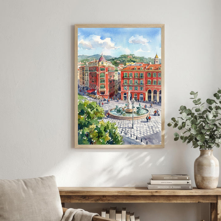 Nice France Watercolour Painting Poster Wall Art Coastal City Landscape Print Gift for Europe Travel Lovers and Fans of Scenic French