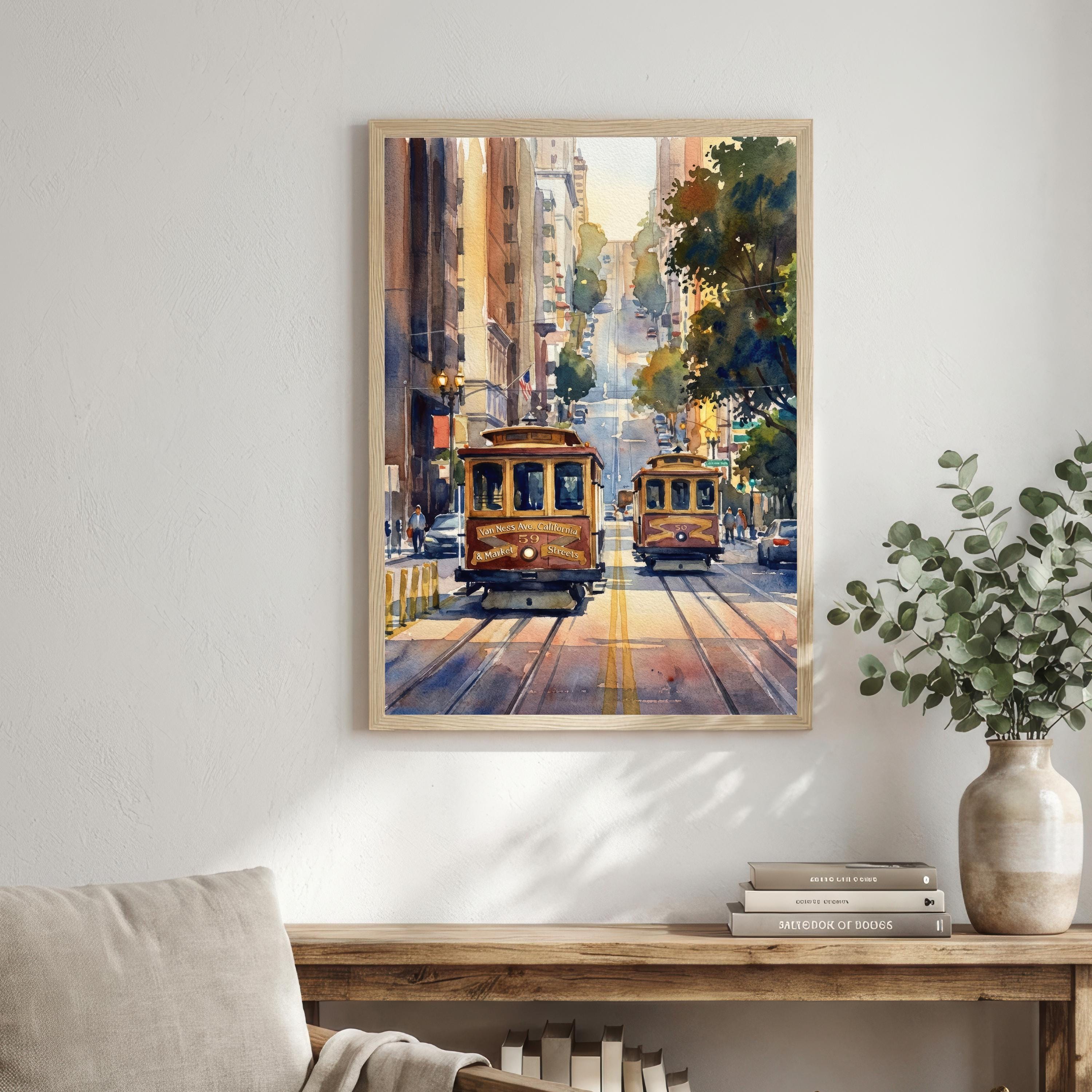 San Francisco Watercolor Print: City Skyline, Cable Cars, USA Wall Art