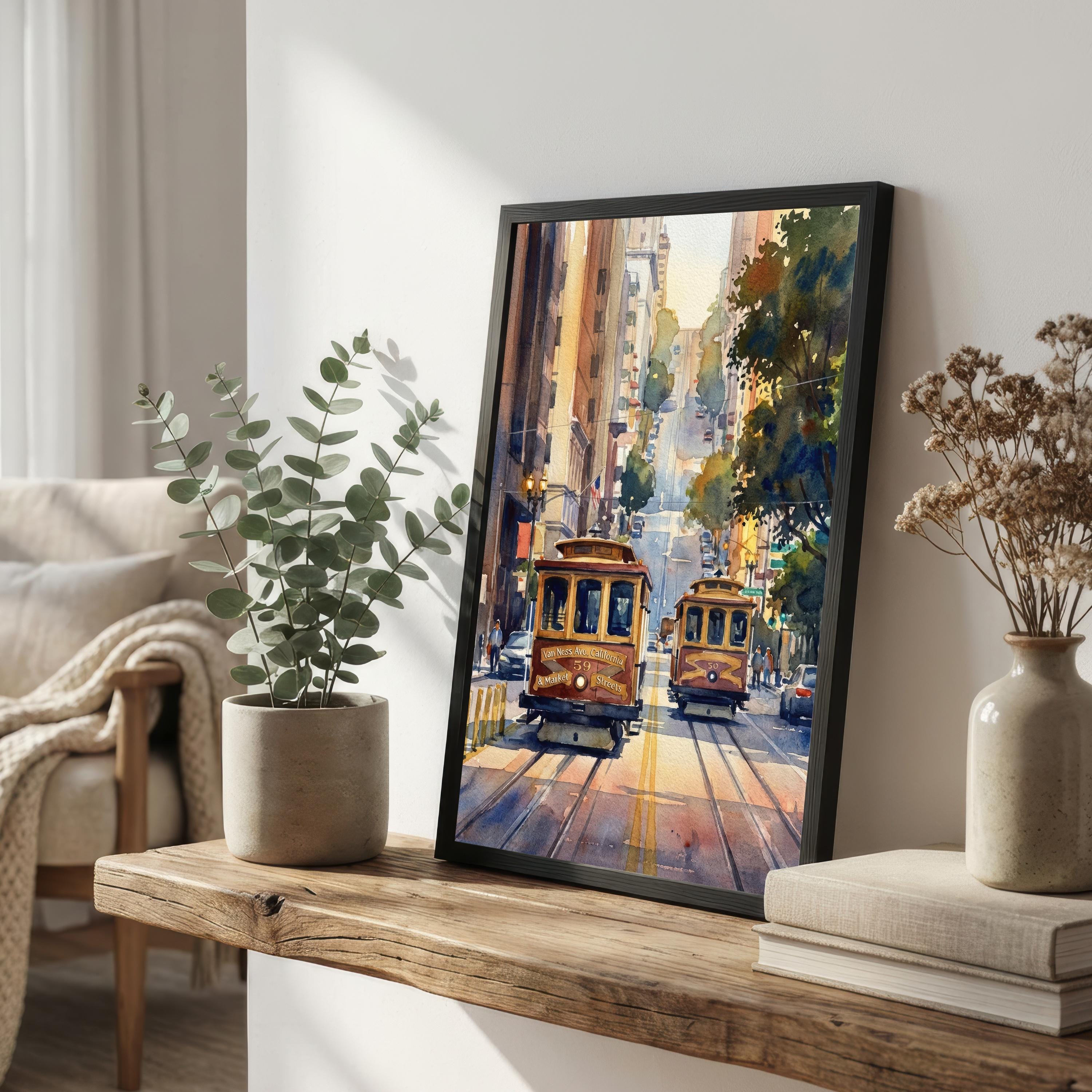 San Francisco Watercolor Print: City Skyline, Cable Cars, USA Wall Art