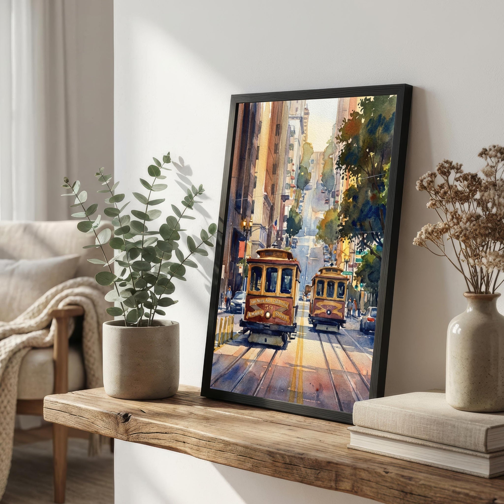 San Francisco Watercolor Print: City Skyline, Cable Cars, USA Wall Art