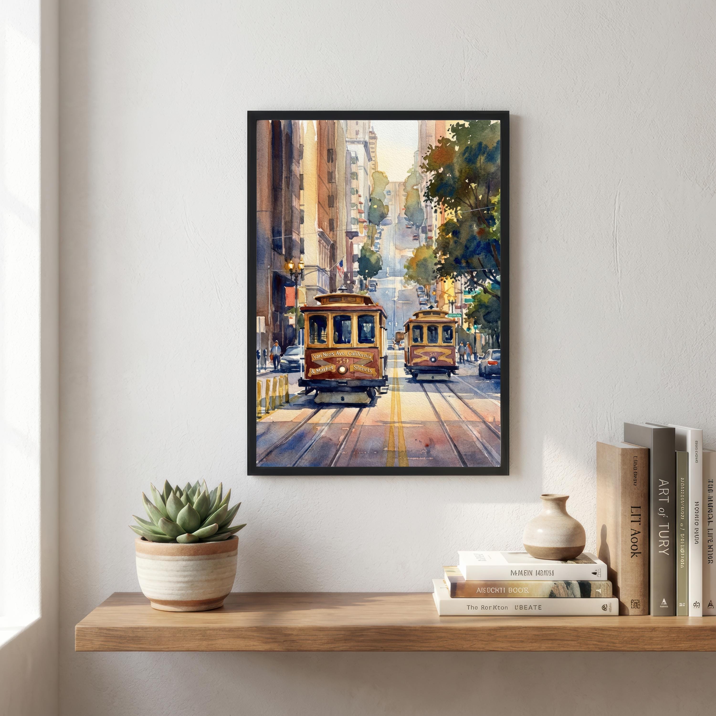 San Francisco Watercolor Print: City Skyline, Cable Cars, USA Wall Art