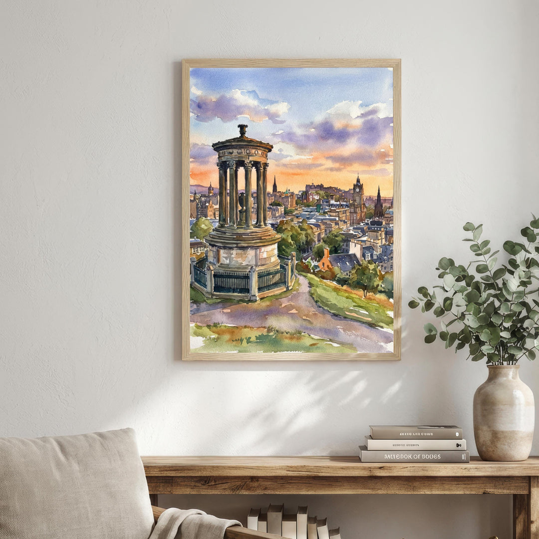Edinburgh Watercolor Painting Poster Scotland Wall Art City Skyline Landscape Print Gift for UK Travel Lovers and Fans of Scenic Scottish