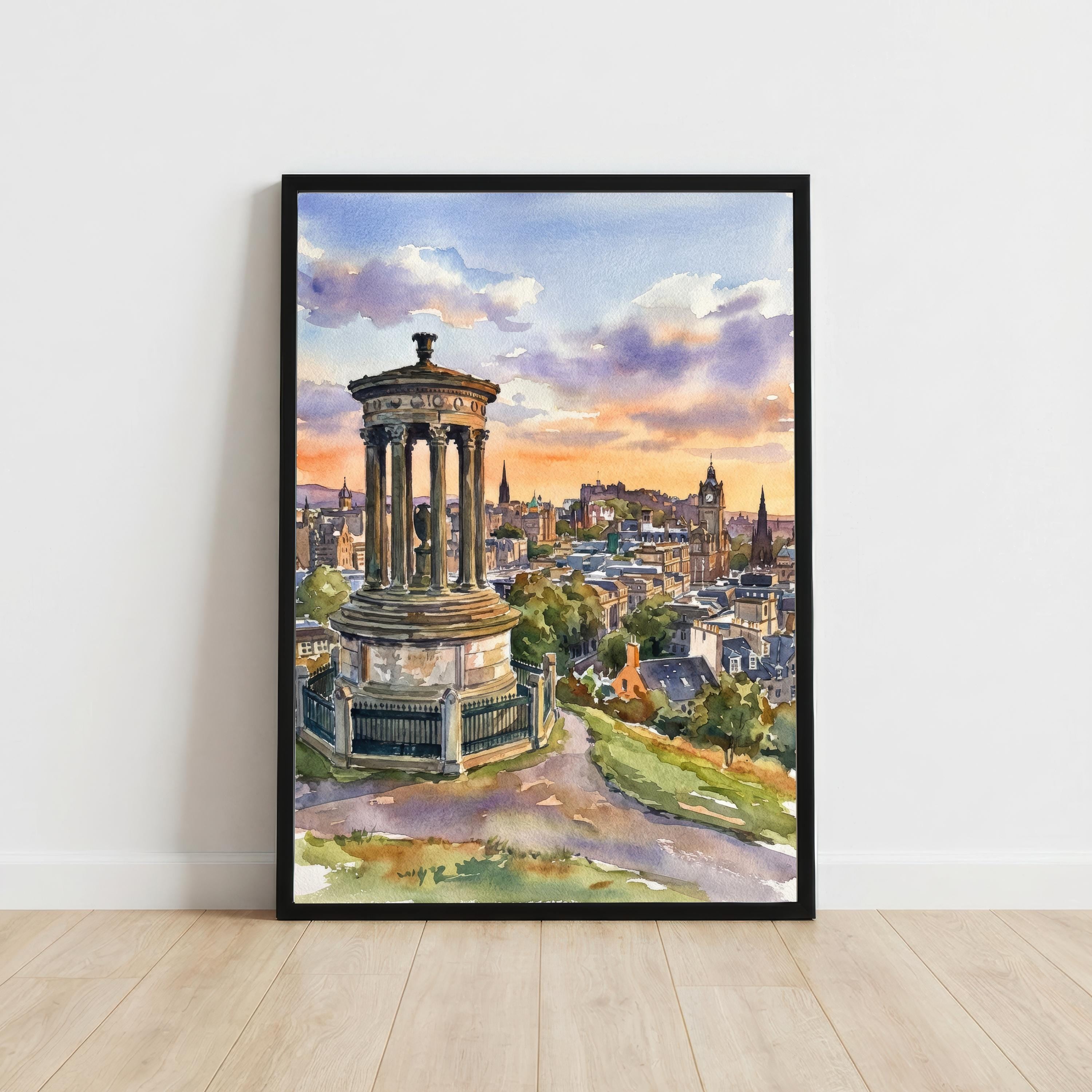 Edinburgh Watercolor Painting Poster Scotland Wall Art City Skyline Landscape Print Gift for UK Travel Lovers and Fans of Scenic Scottish