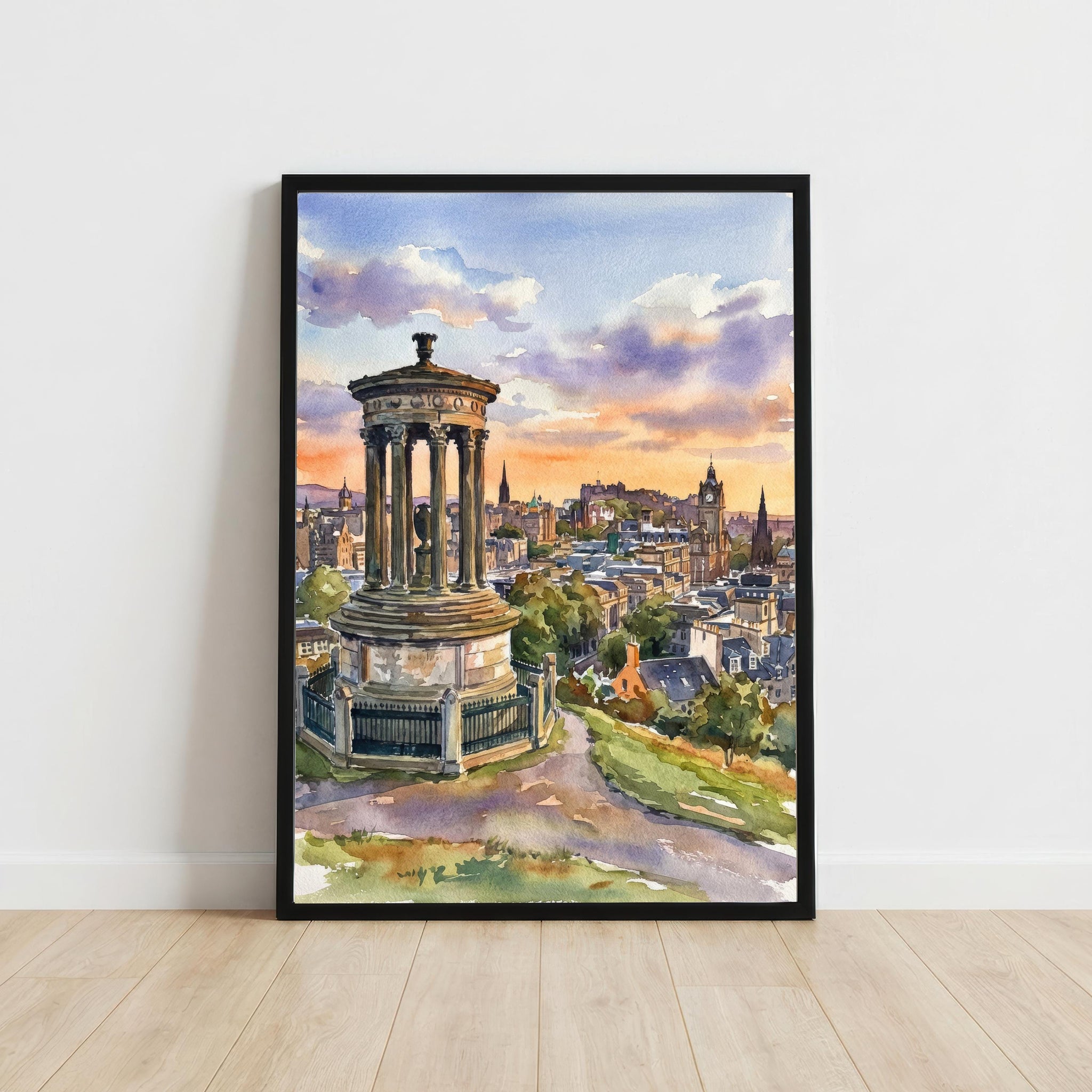 Edinburgh Watercolor Painting Poster Scotland Wall Art City Skyline Landscape Print Gift for UK Travel Lovers and Fans of Scenic Scottish