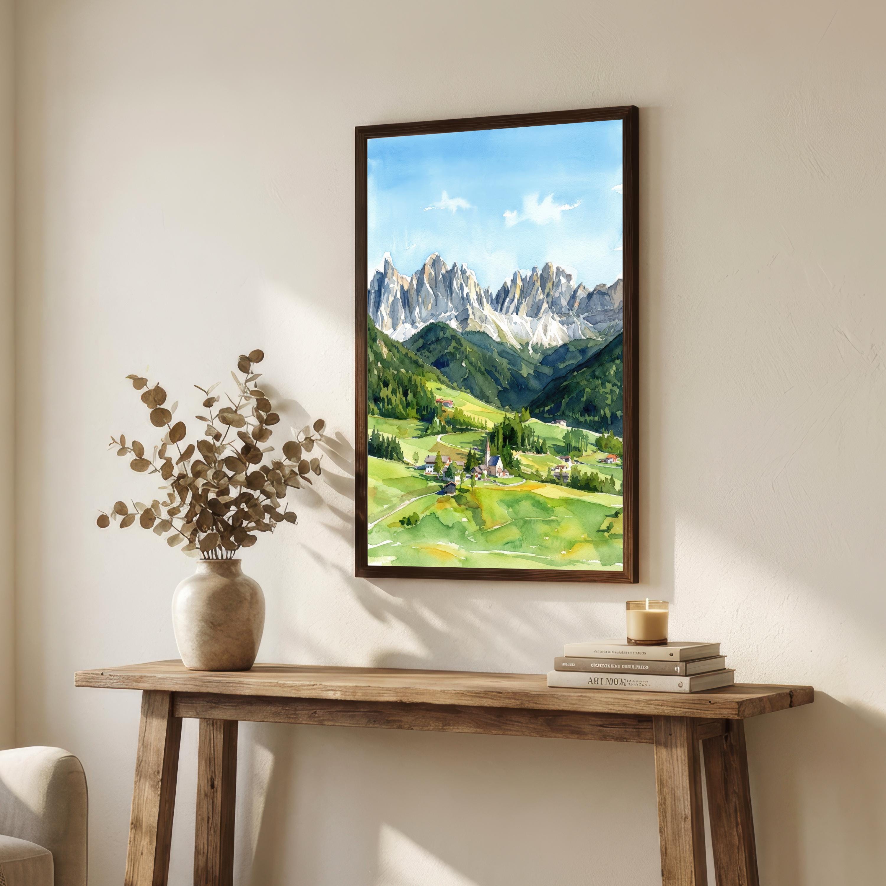 Dolomites Watercolor Painting Poster Italy Wall Art Mountain Landscape Print Gift for Europe Travel Lovers and Fans of Scenic Italian Alpine
